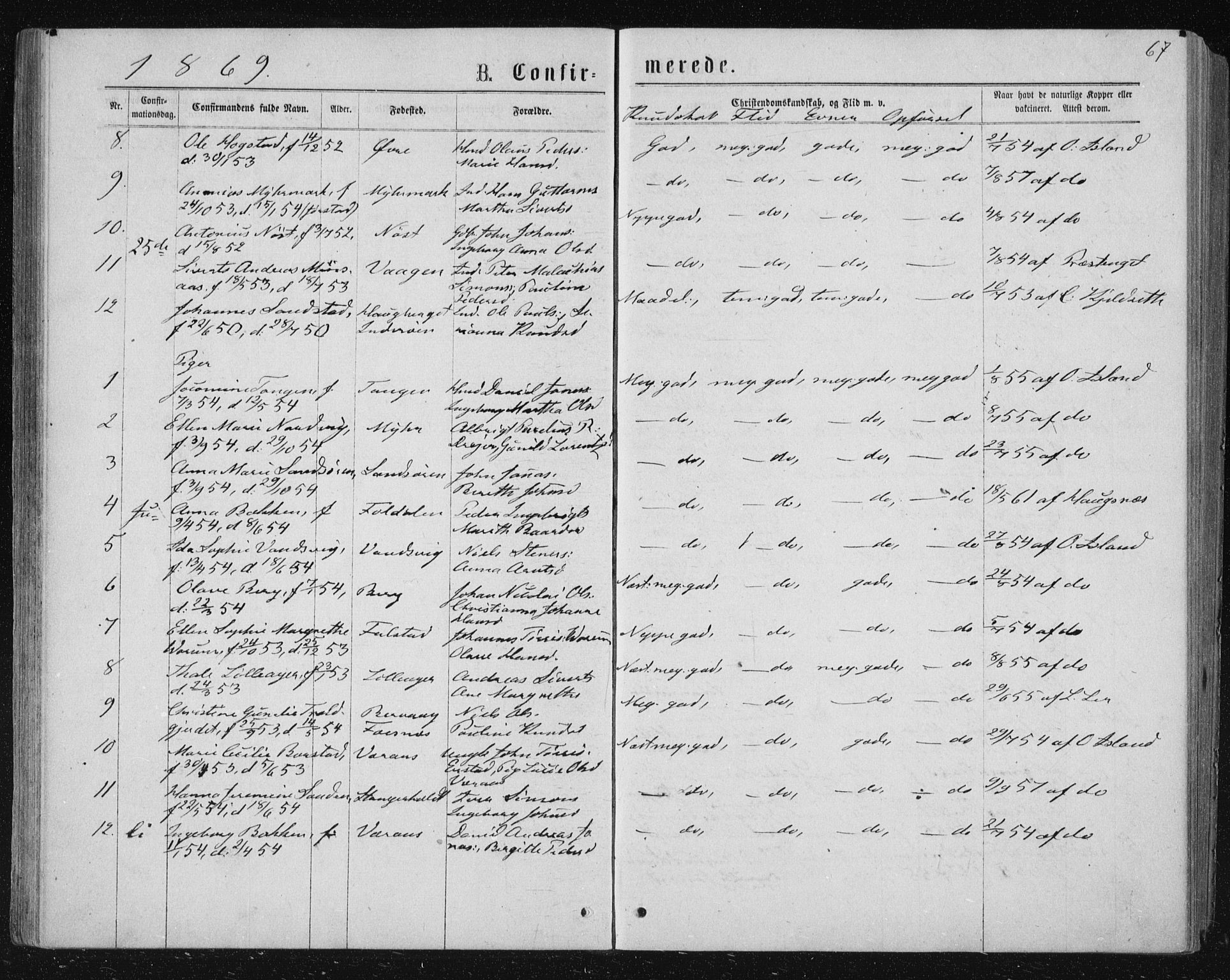 Ministerialprotokoller, klokkerbøker og fødselsregistre - Nord-Trøndelag, AV/SAT-A-1458/722/L0219: Parish register (official) no. 722A06, 1868-1880, p. 67