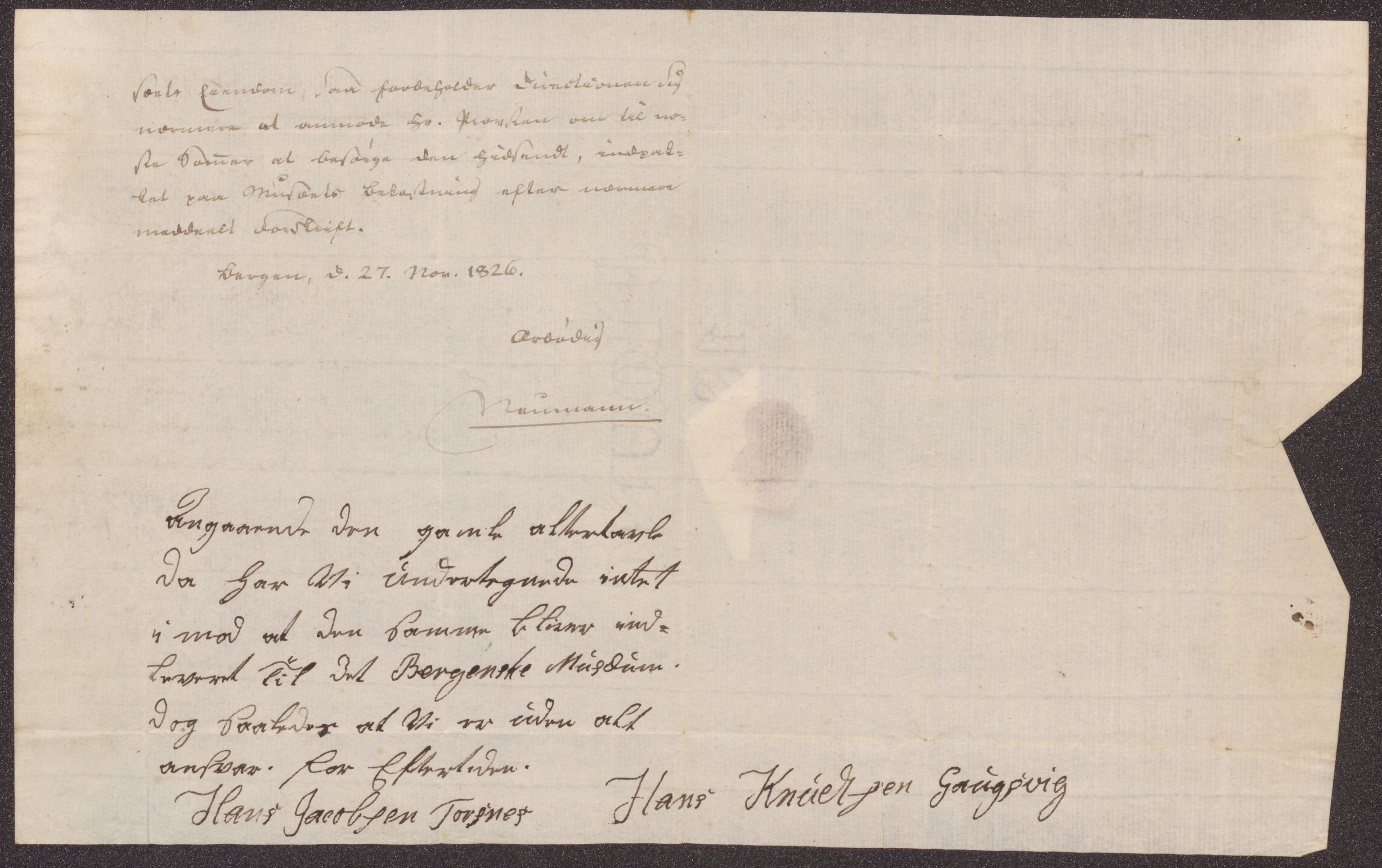 Bergens Museum, UMB/A007/D/Da/L0001/0003: Brevsamling 1822 - 1826 / Brevsamling 1826, 1826