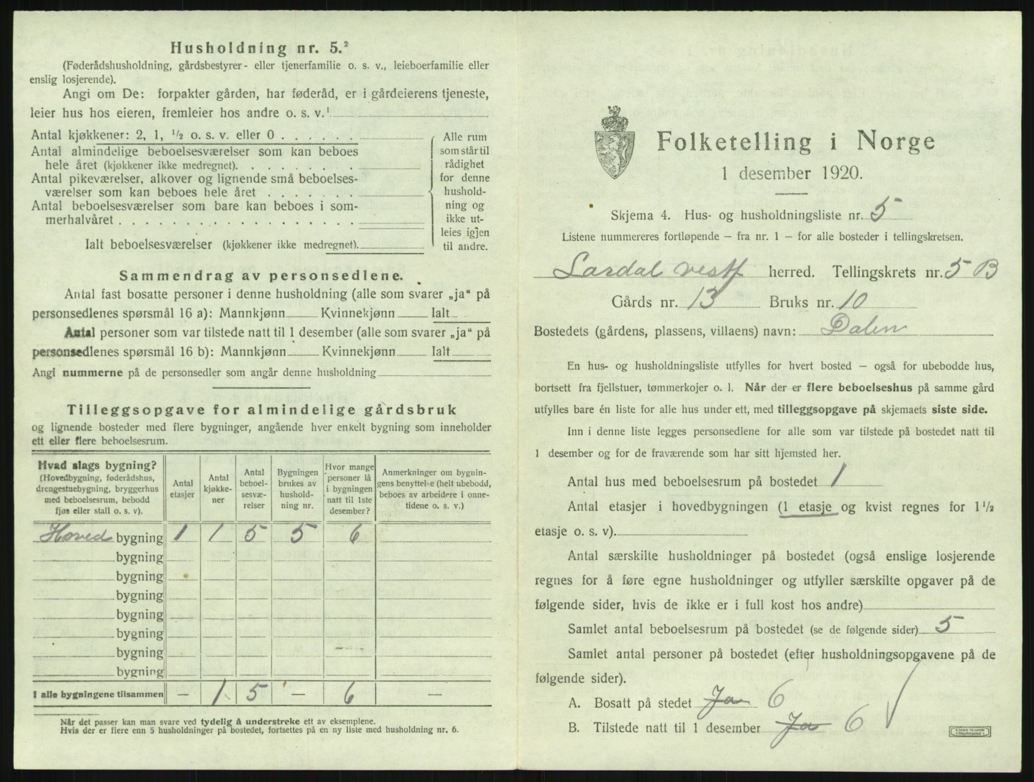 SAKO, 1920 census for Lardal, 1920, p. 829