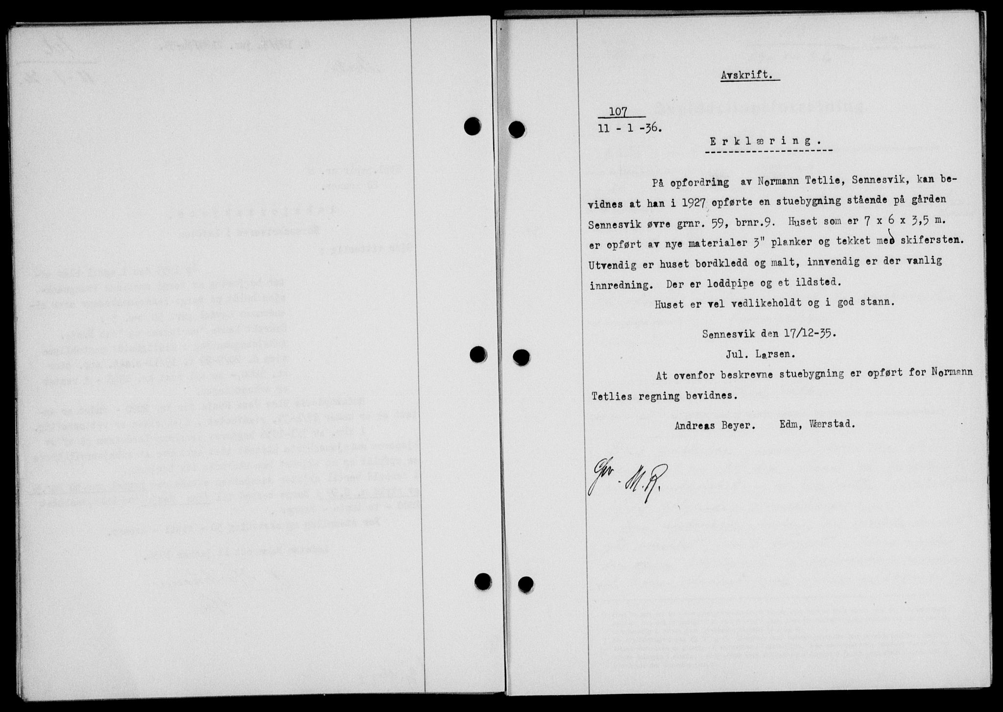 Lofoten sorenskriveri, SAT/A-0017/1/2/2C/L0033b: Mortgage book no. 33b, 1936-1936, Diary no: : 107/1936