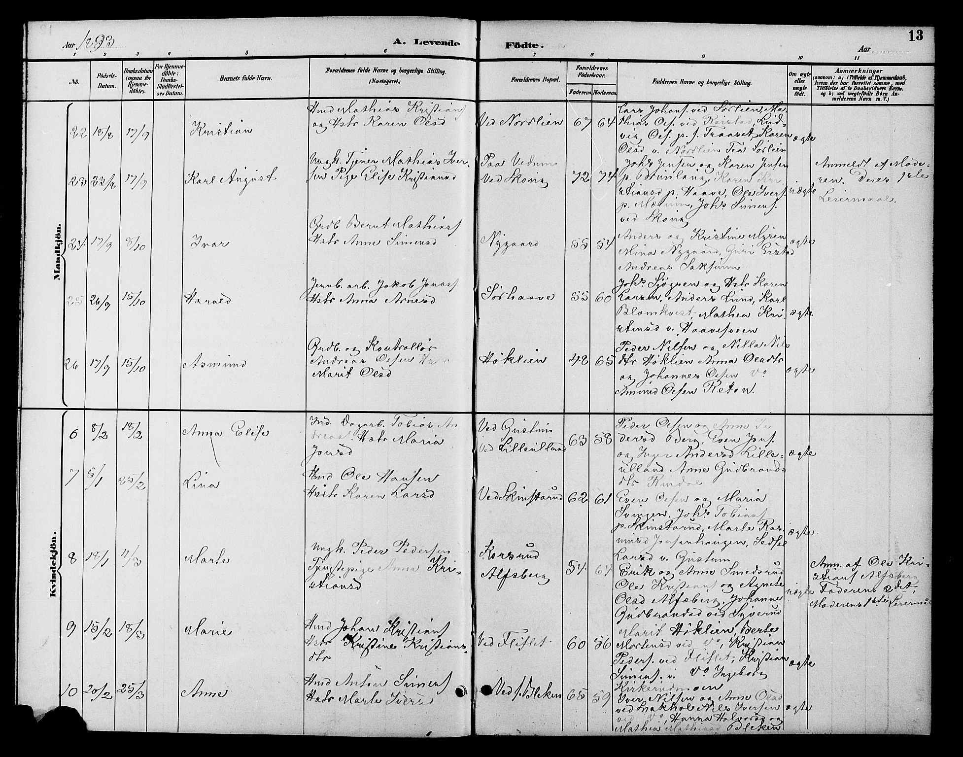 Fåberg prestekontor, AV/SAH-PREST-086/H/Ha/Hab/L0010: Parish register (copy) no. 10, 1892-1900, p. 13