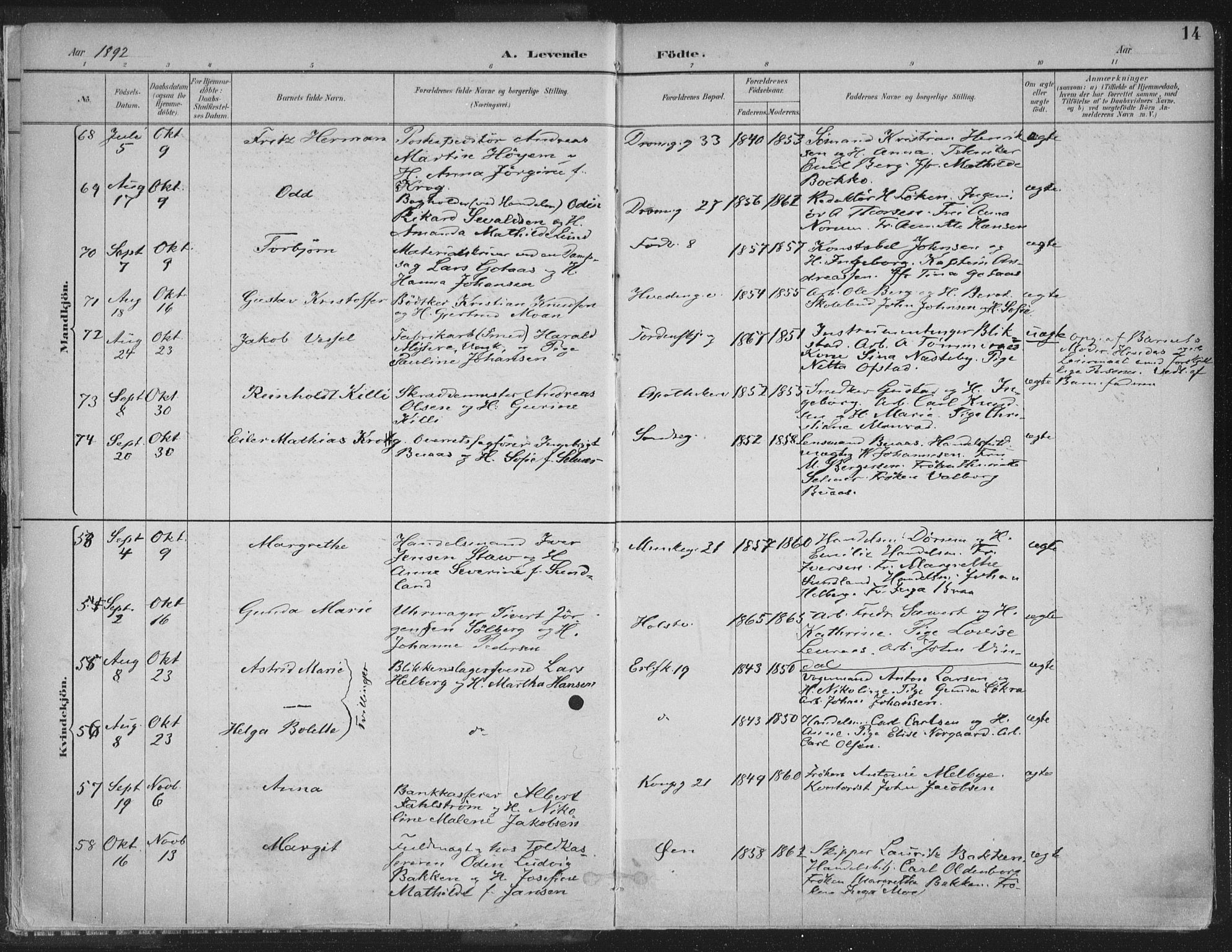 Ministerialprotokoller, klokkerbøker og fødselsregistre - Sør-Trøndelag, SAT/A-1456/601/L0062: Parish register (official) no. 601A30, 1891-1911, p. 14