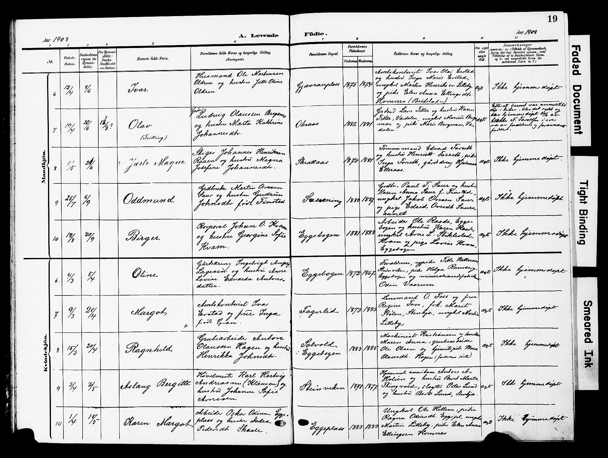 Ministerialprotokoller, klokkerbøker og fødselsregistre - Nord-Trøndelag, SAT/A-1458/740/L0381: Parish register (copy) no. 740C02, 1903-1914, p. 19