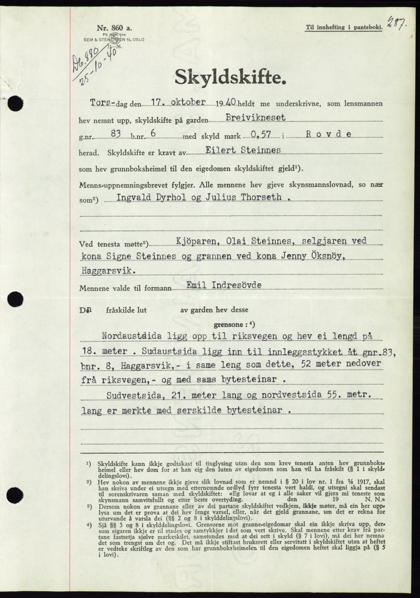 Søre Sunnmøre sorenskriveri, AV/SAT-A-4122/1/2/2C/L0070: Mortgage book no. 64, 1940-1941, Diary no: : 880/1940