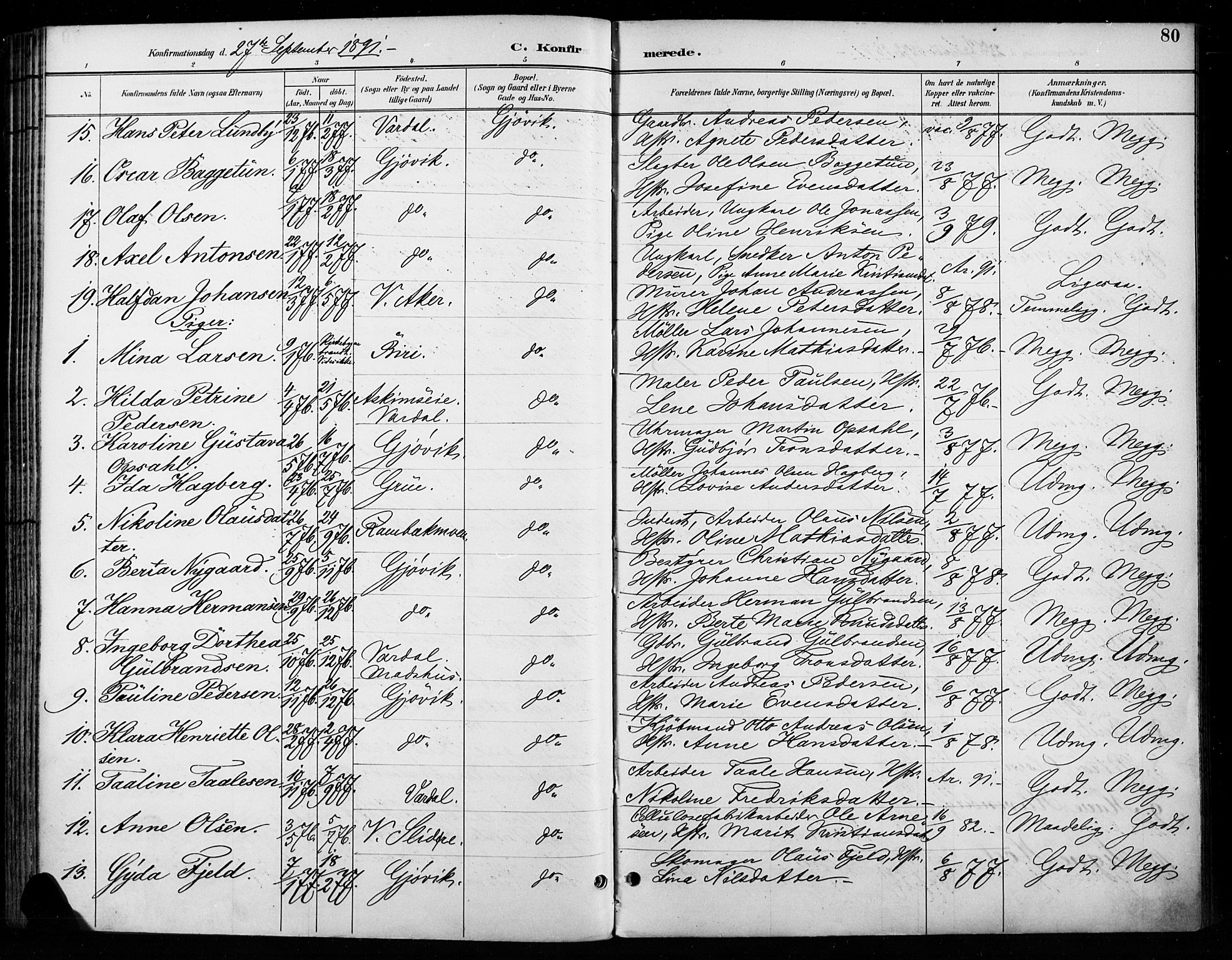 Vardal prestekontor, SAH/PREST-100/H/Ha/Haa/L0011: Parish register (official) no. 11, 1891-1901, p. 80