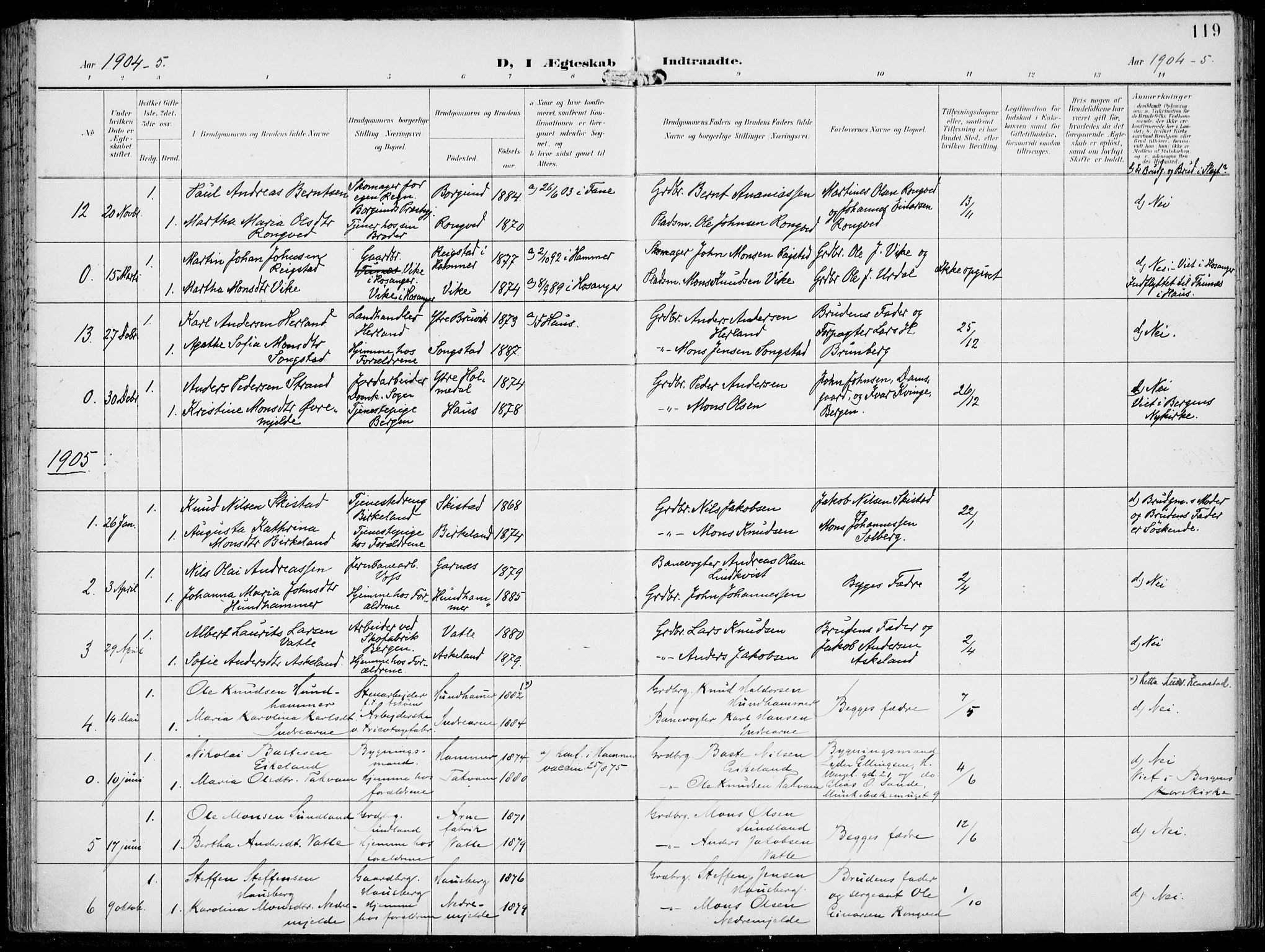 Haus sokneprestembete, SAB/A-75601/H/Haa: Parish register (official) no. B  2, 1899-1912, p. 119