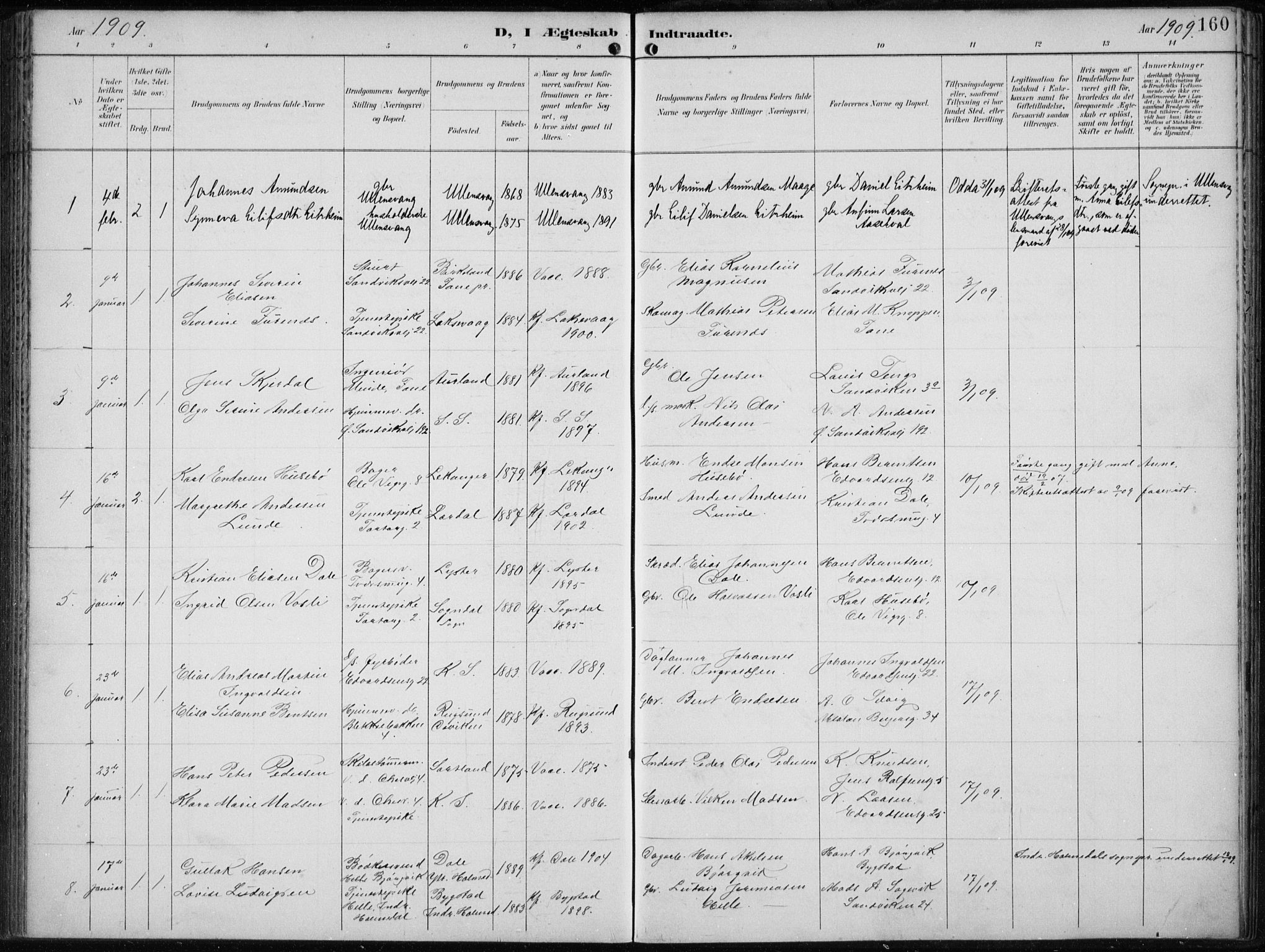 Sandviken Sokneprestembete, AV/SAB-A-77601/H/Ha/L0014: Parish register (official) no. D 1, 1896-1911, p. 160
