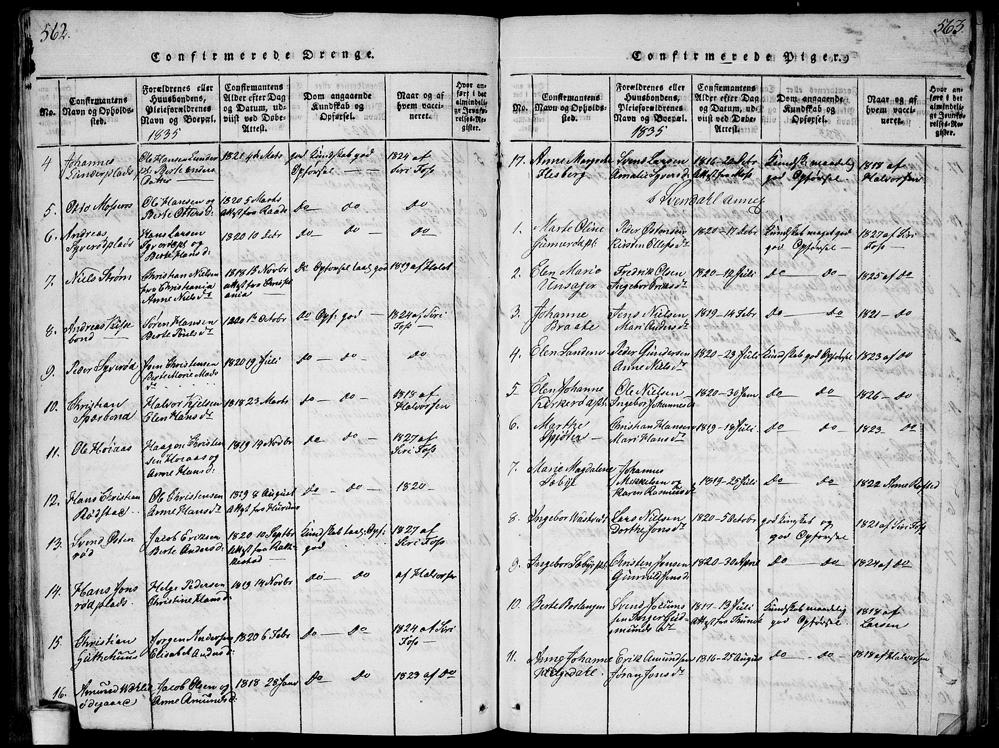 Våler prestekontor Kirkebøker, SAO/A-11083/G/Ga/L0001: Parish register (copy) no. I 1, 1815-1839, p. 562-563