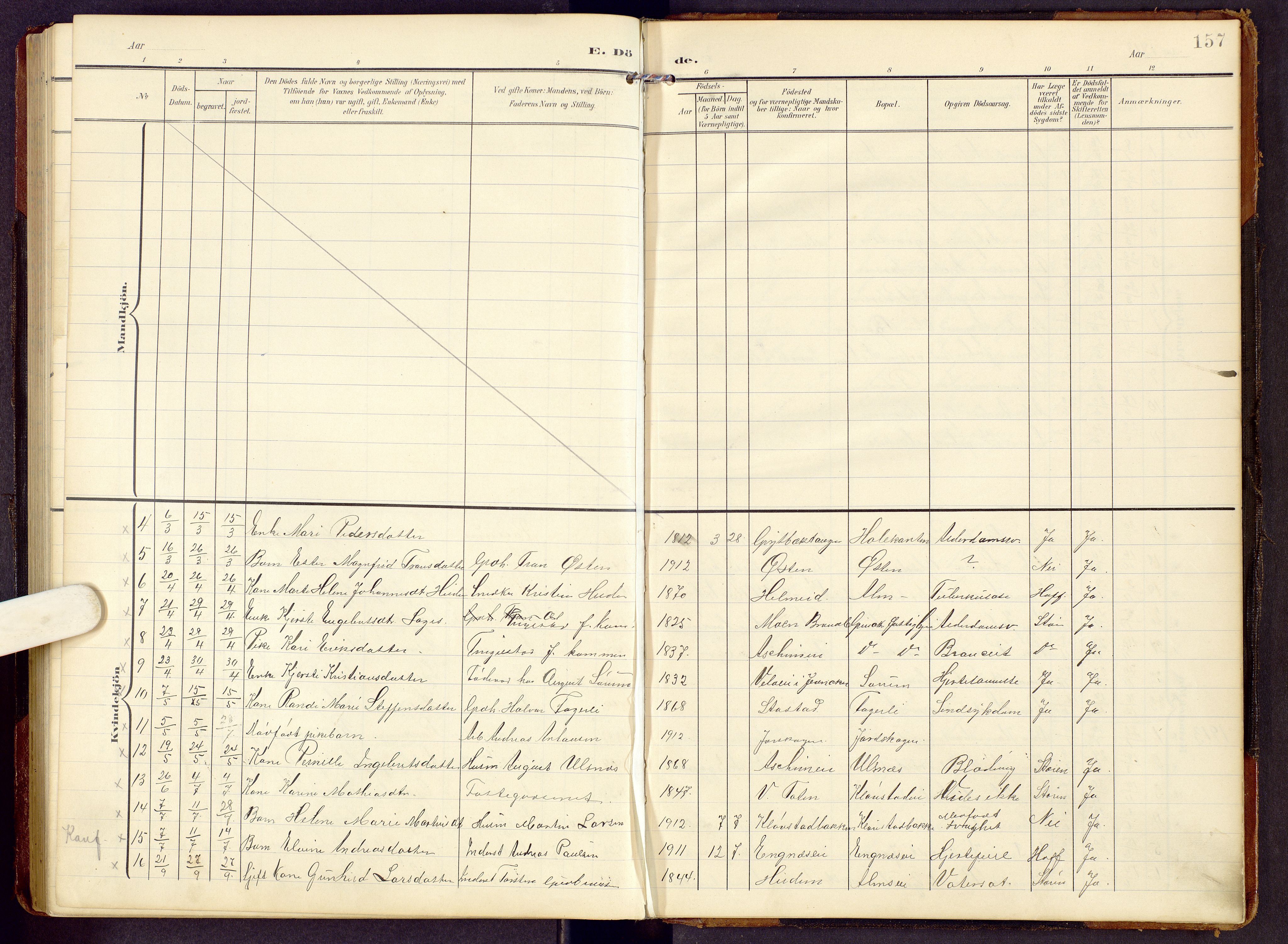 Brandbu prestekontor, AV/SAH-PREST-114/H/Ha/Hab/L0009: Parish register (copy) no. 9, 1903-1916, p. 157