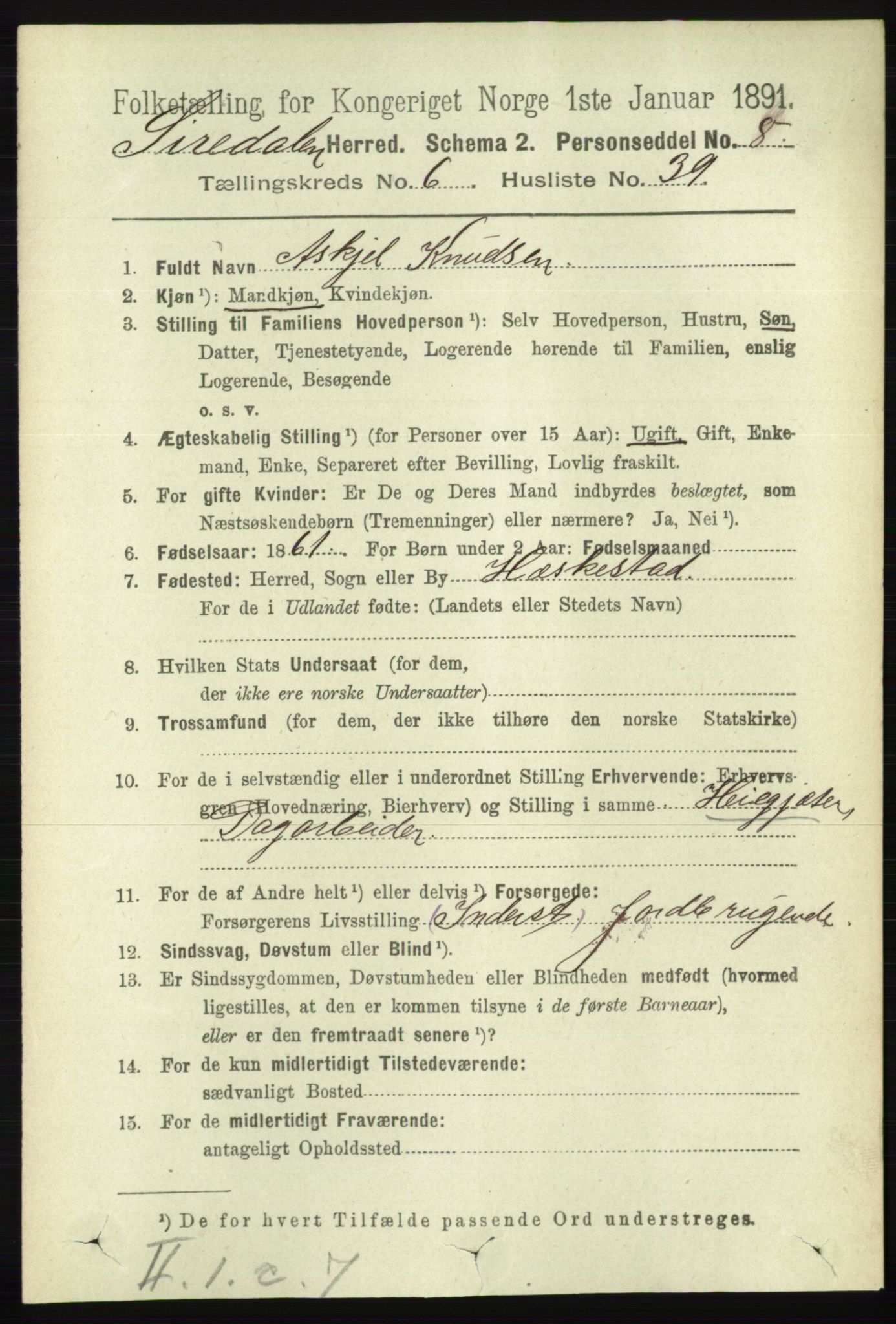 RA, 1891 census for 1046 Sirdal, 1891, p. 1907