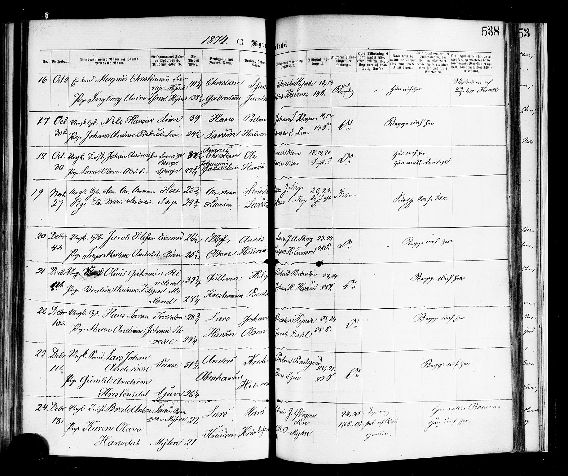 Andebu kirkebøker, AV/SAKO-A-336/F/Fa/L0006: Parish register (official) no. I 6, 1871-1878, p. 538