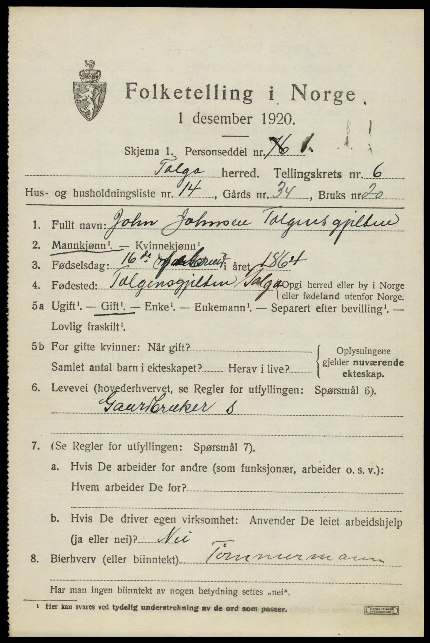 SAH, 1920 census for Tolga, 1920, p. 3775