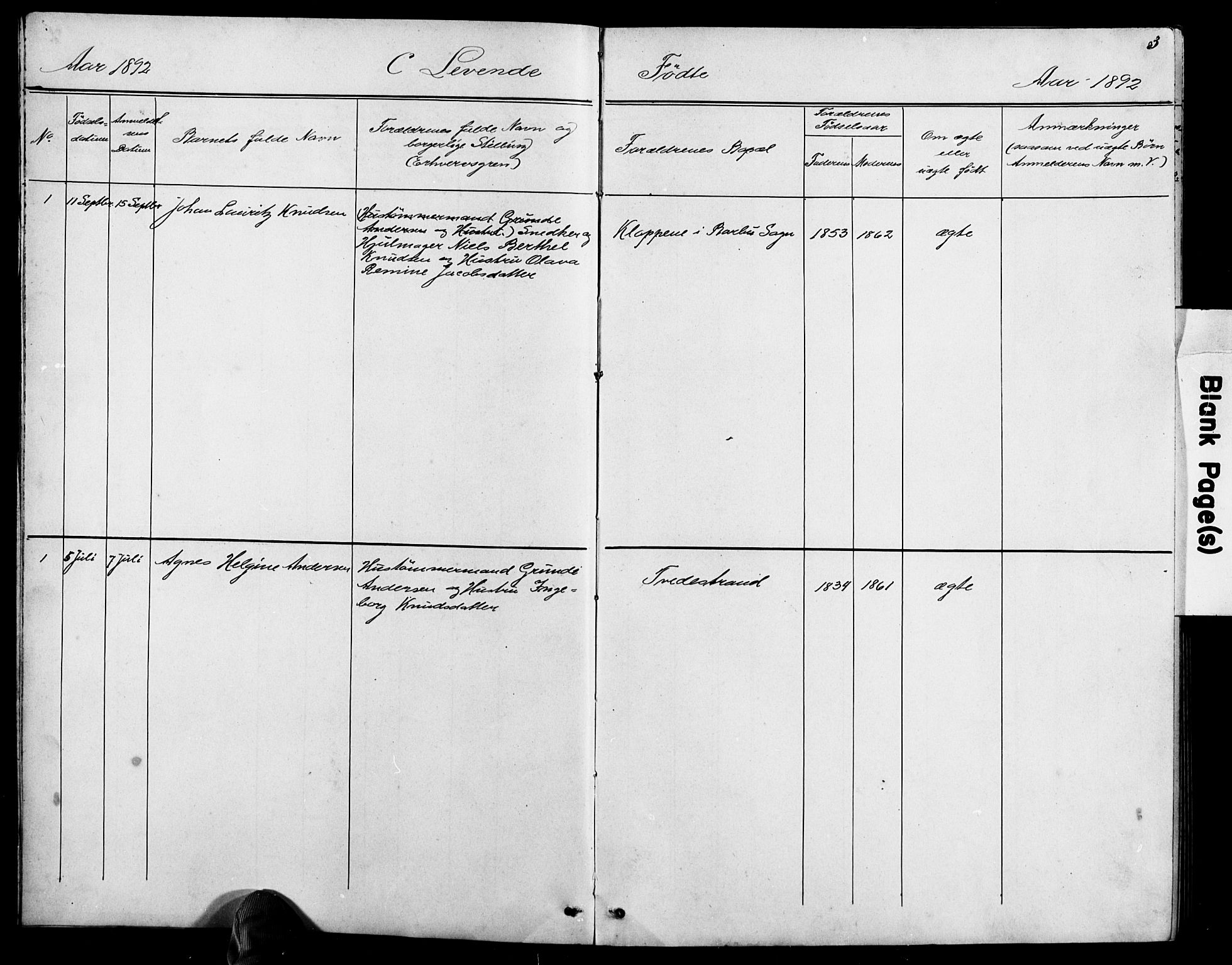 Baptistmenigheten i Tvedestrand, SAK/1292-0004/F/Fa/L0002: Dissenter register no. F 1, 1892-1895, p. 3