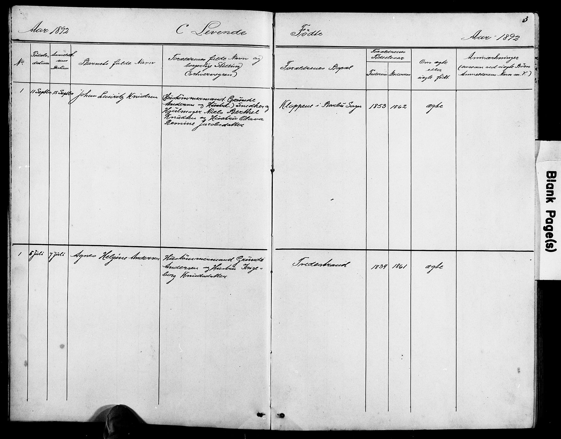 Baptistmenigheten i Tvedestrand, AV/SAK-1292-0004/F/Fa/L0002: Dissenter register no. F 1, 1892-1895, p. 3