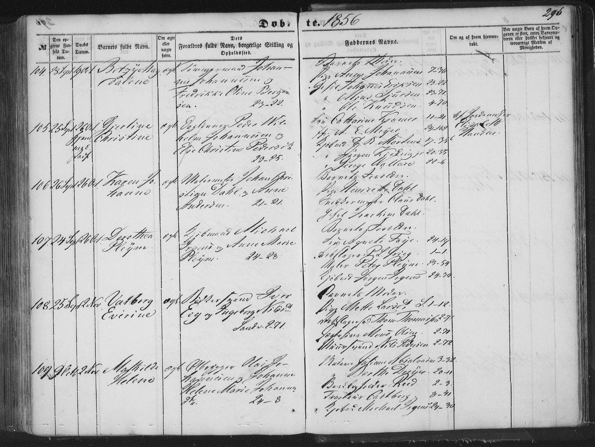 Korskirken sokneprestembete, AV/SAB-A-76101/H/Haa/L0017: Parish register (official) no. B 3, 1851-1857, p. 296