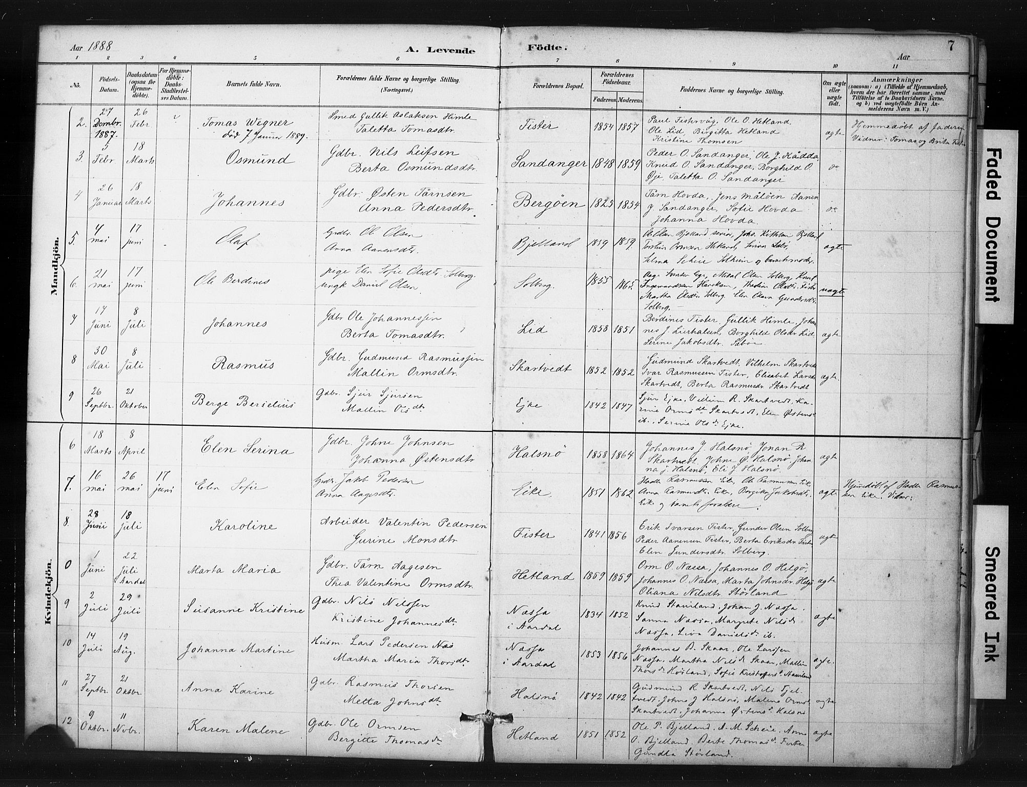 Hjelmeland sokneprestkontor, SAST/A-101843/01/IV/L0015: Parish register (official) no. A 15, 1887-1910, p. 7