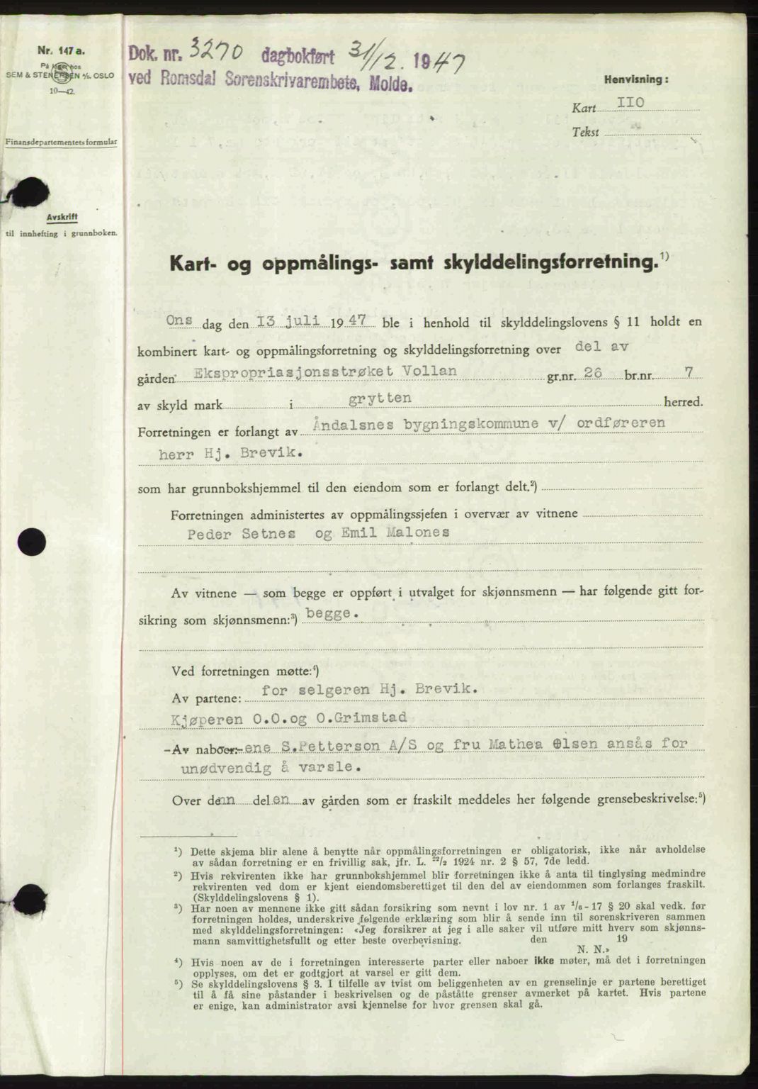 Romsdal sorenskriveri, SAT/A-4149/1/2/2C: Mortgage book no. A24, 1947-1947, Diary no: : 3270/1947