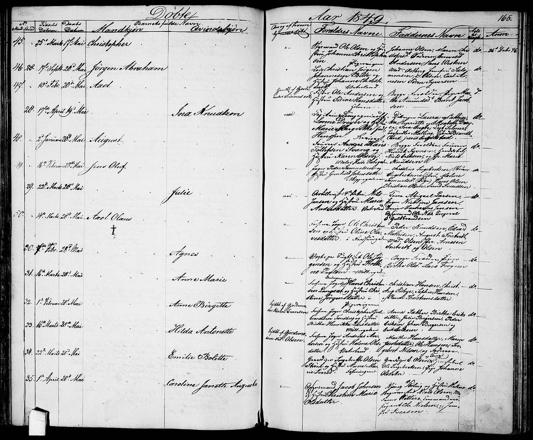Garnisonsmenigheten Kirkebøker, SAO/A-10846/G/Ga/L0005: Parish register (copy) no. 5, 1841-1860, p. 165