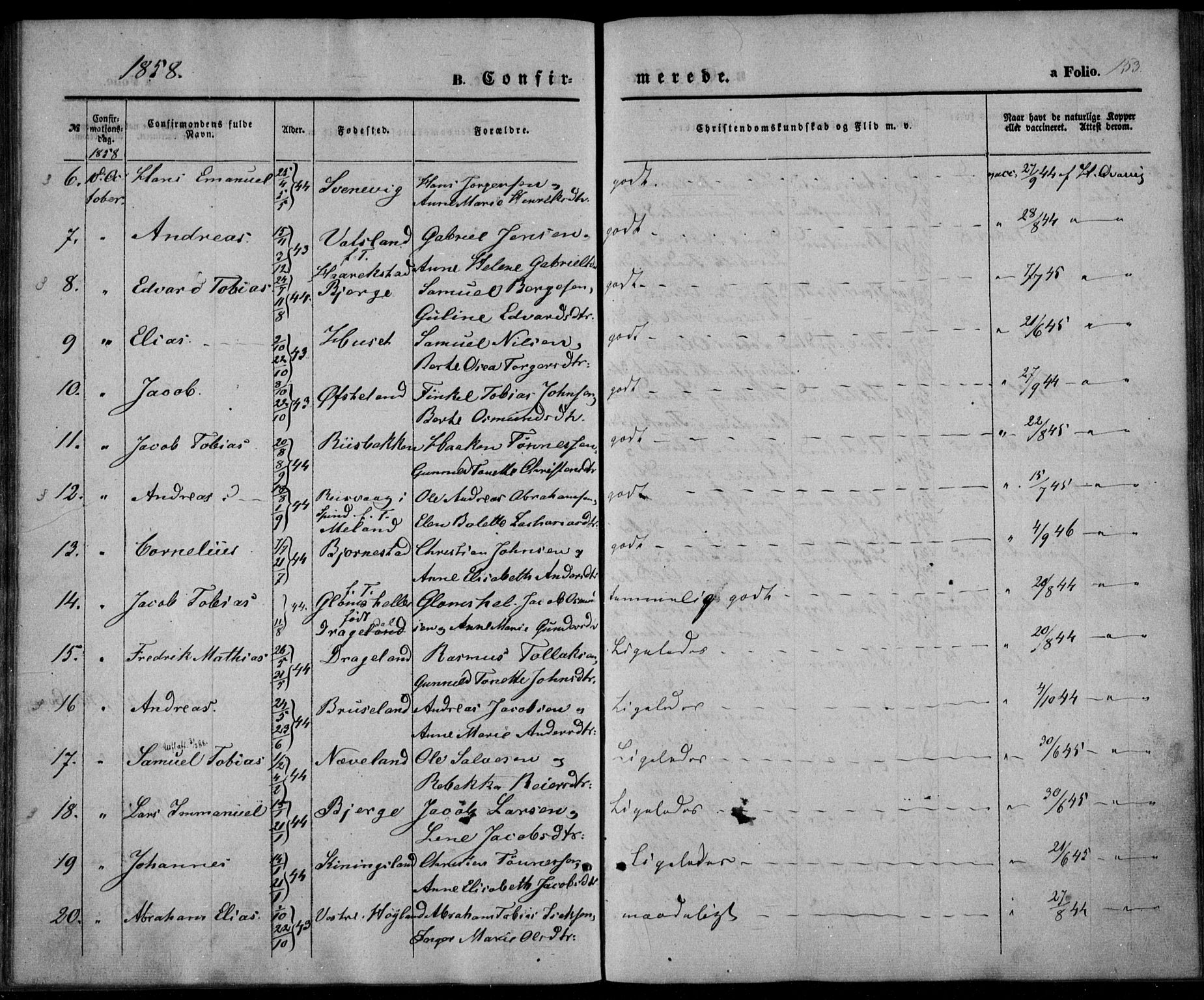 Lyngdal sokneprestkontor, AV/SAK-1111-0029/F/Fa/Fac/L0009: Parish register (official) no. A 9, 1852-1864, p. 153