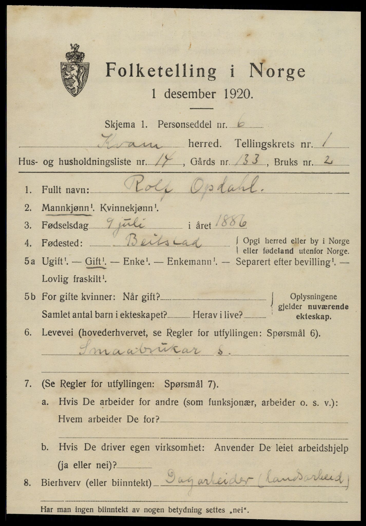 SAT, 1920 census for Kvam, 1920, p. 675