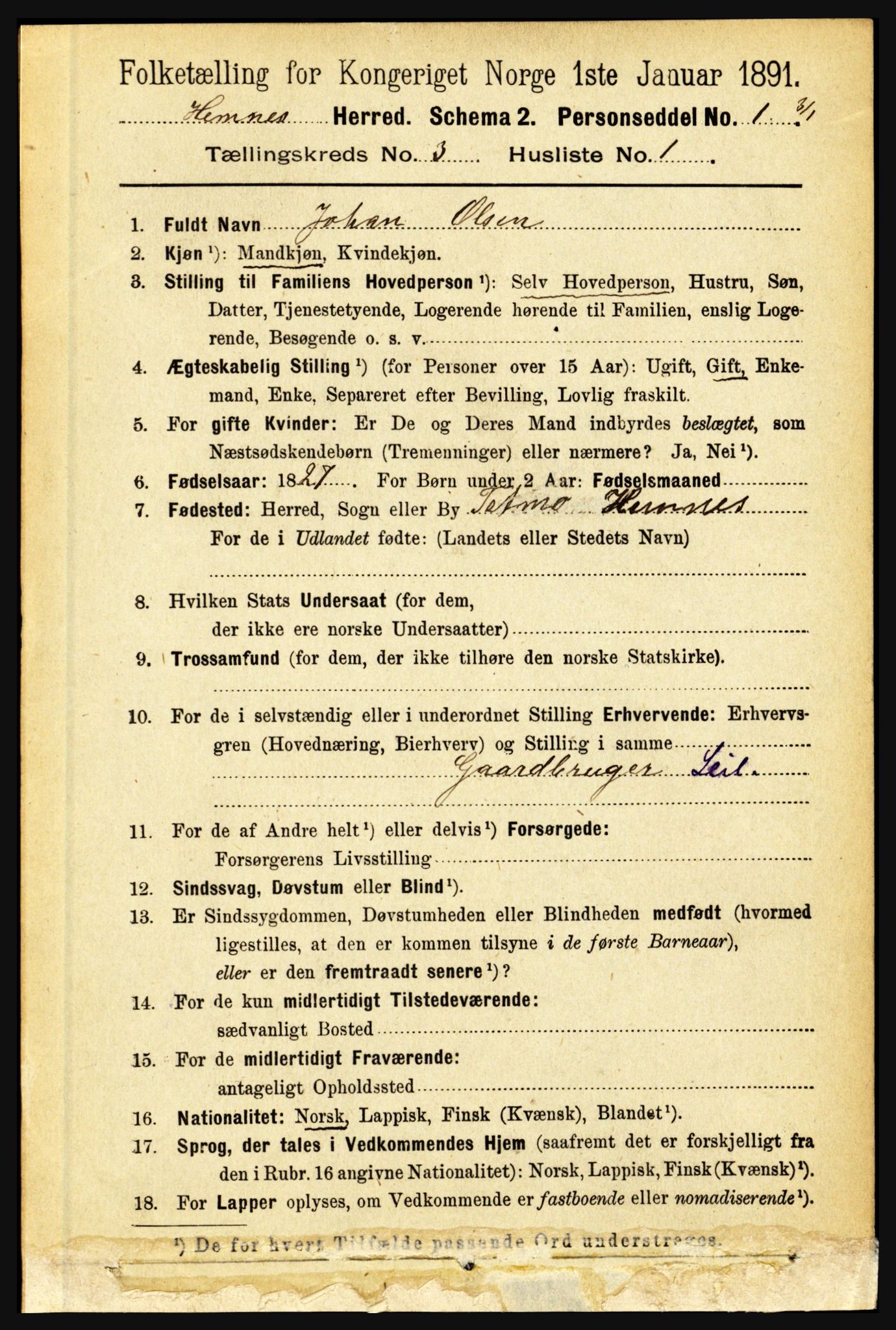 RA, 1891 census for 1832 Hemnes, 1891, p. 1924