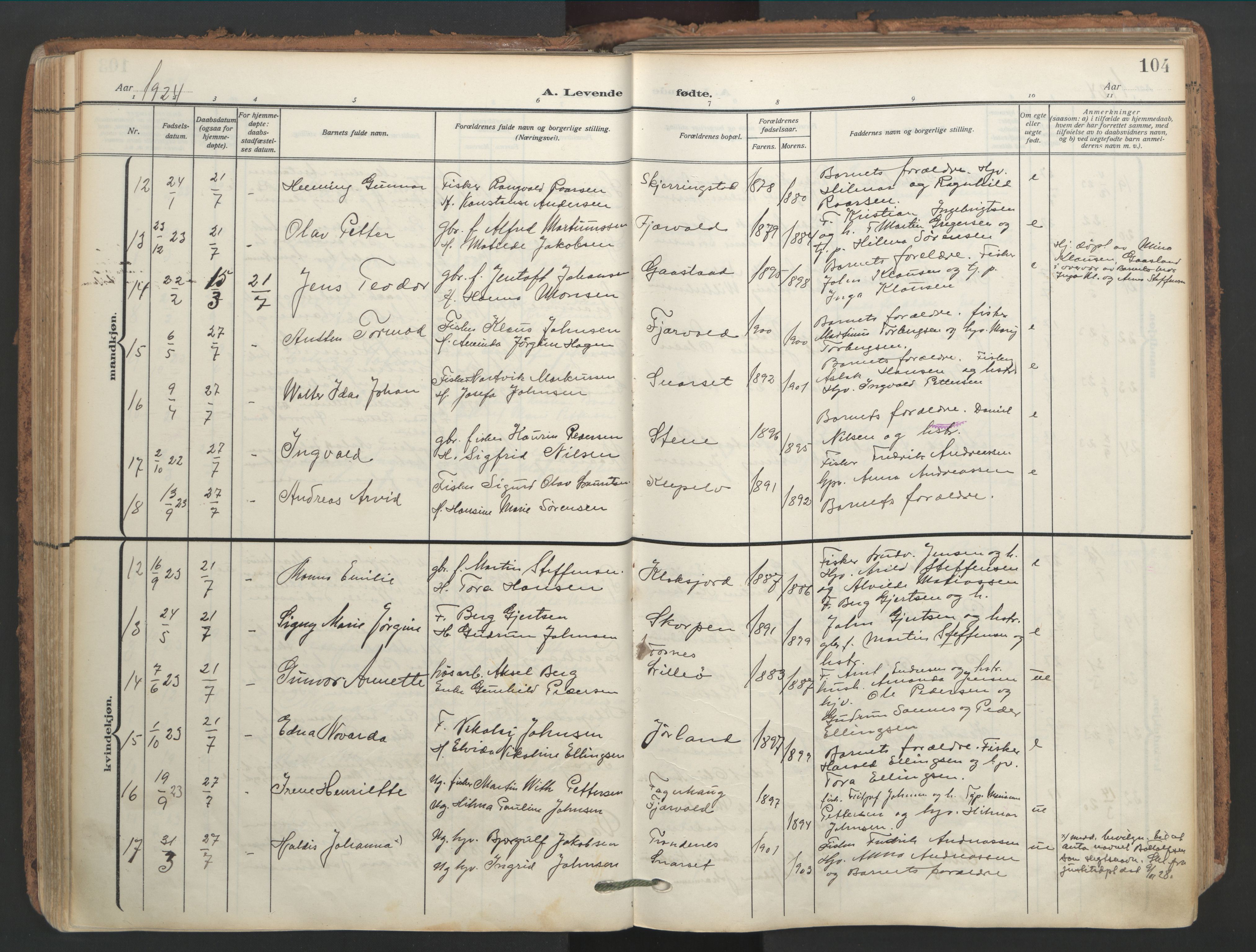 Ministerialprotokoller, klokkerbøker og fødselsregistre - Nordland, SAT/A-1459/891/L1306: Parish register (official) no. 891A11, 1911-1927, p. 104