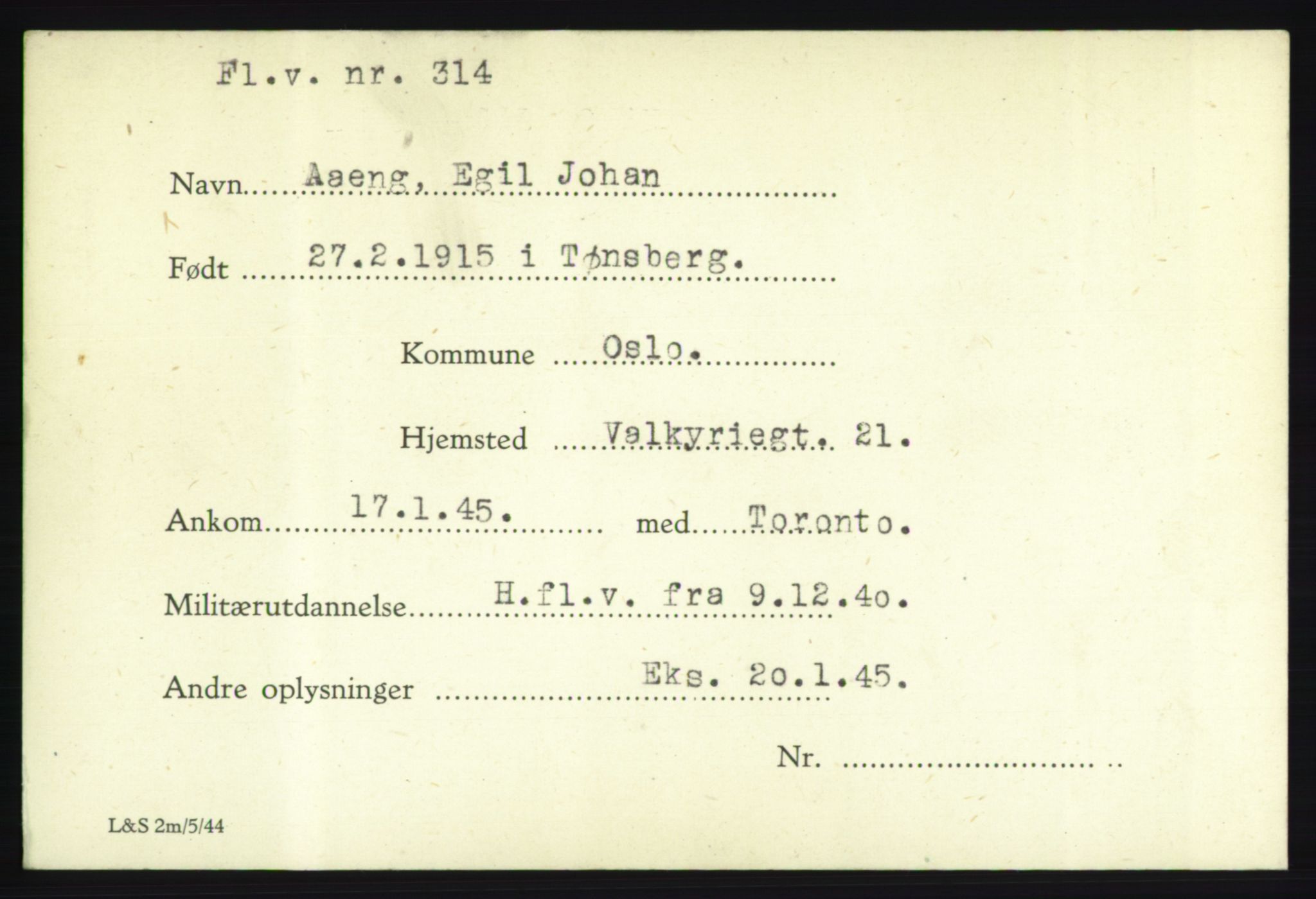 Forsvarets Overkommando. 2. kontor. Arkiv 8.1. Mottakersentralen FDE og FO.II, RA/RAFA-6952/P/Pa/L0001: AA/Å - Andvig , 1940-1945, p. 2