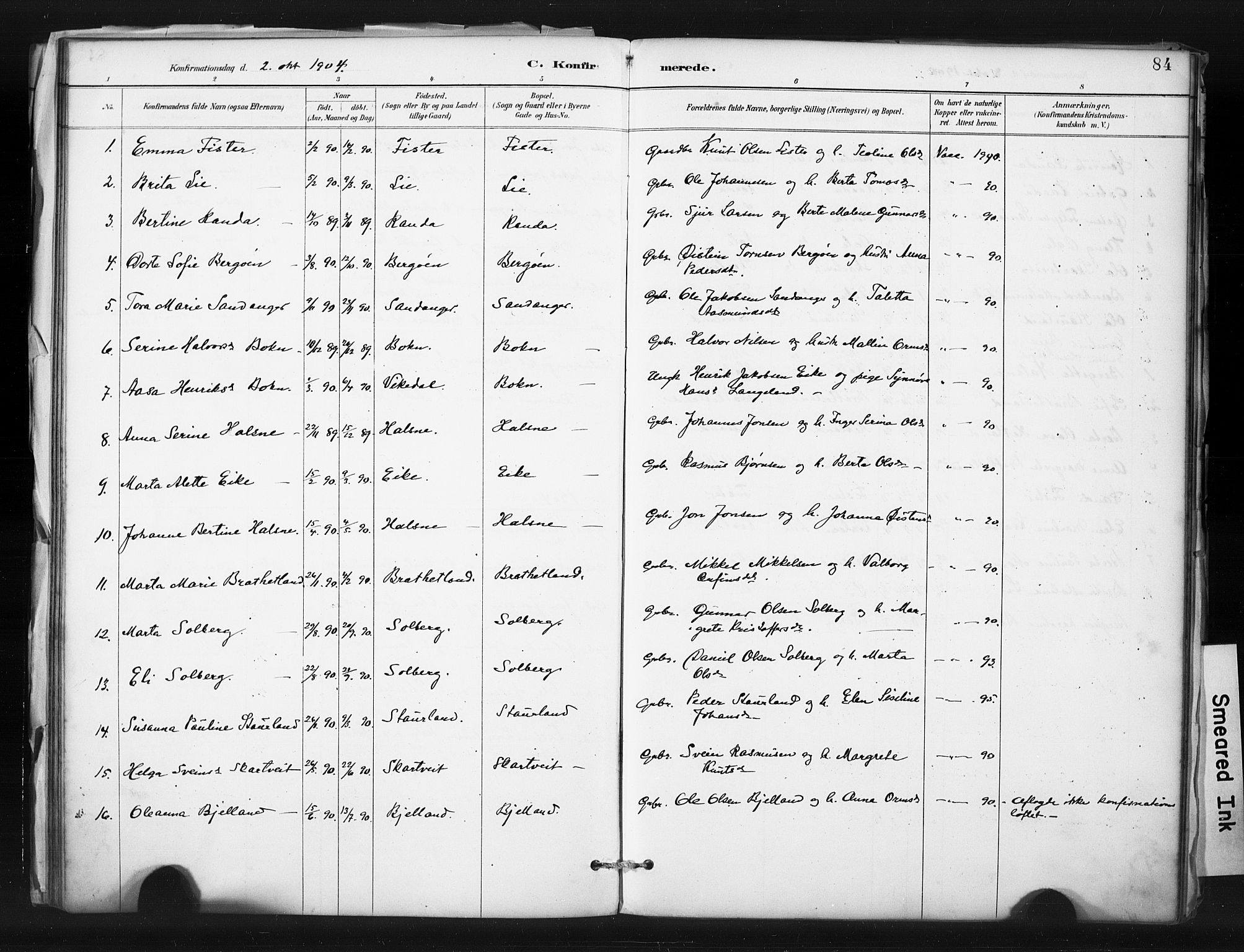 Hjelmeland sokneprestkontor, SAST/A-101843/01/IV/L0015: Parish register (official) no. A 15, 1887-1910, p. 84