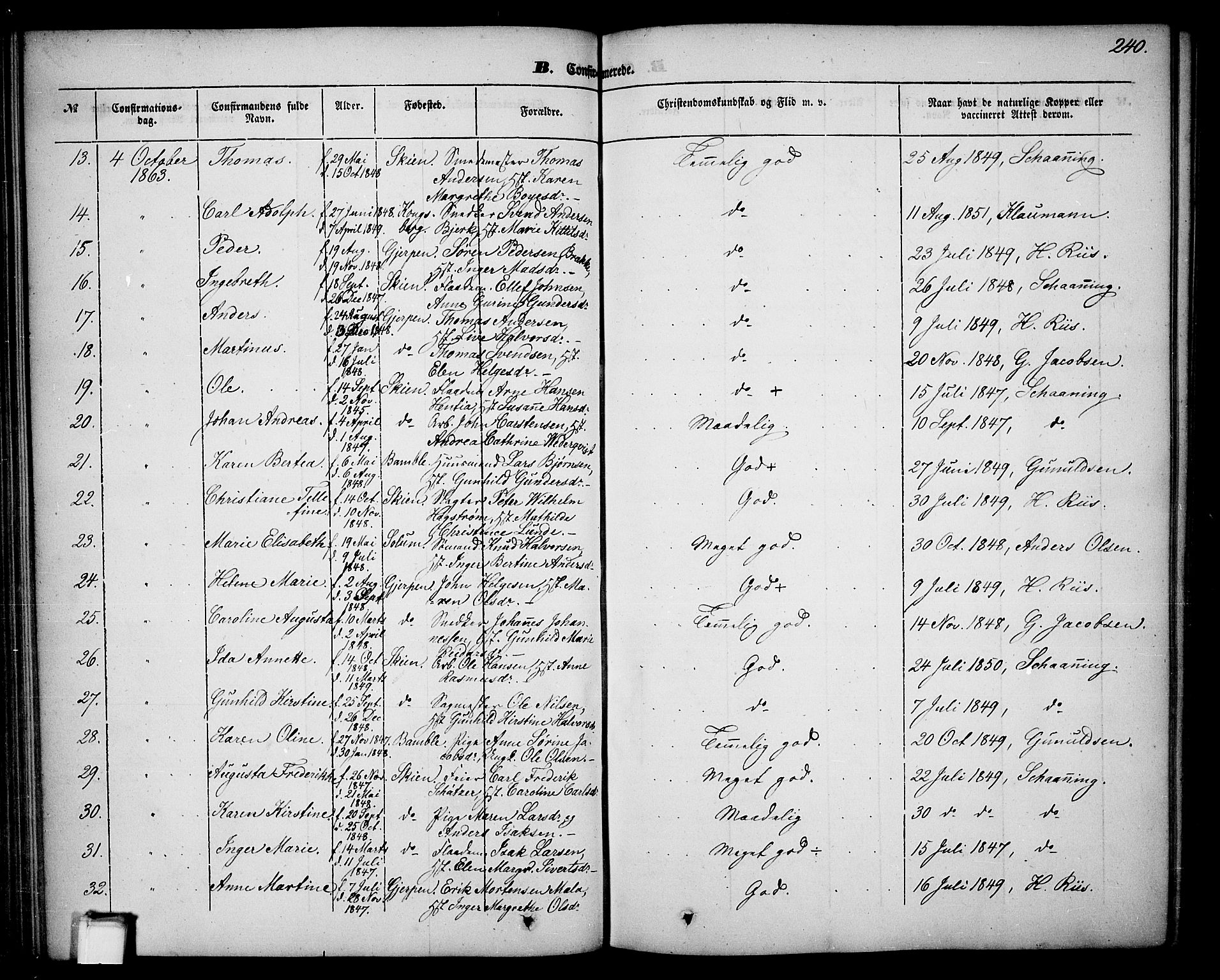 Skien kirkebøker, AV/SAKO-A-302/G/Ga/L0004: Parish register (copy) no. 4, 1843-1867, p. 240