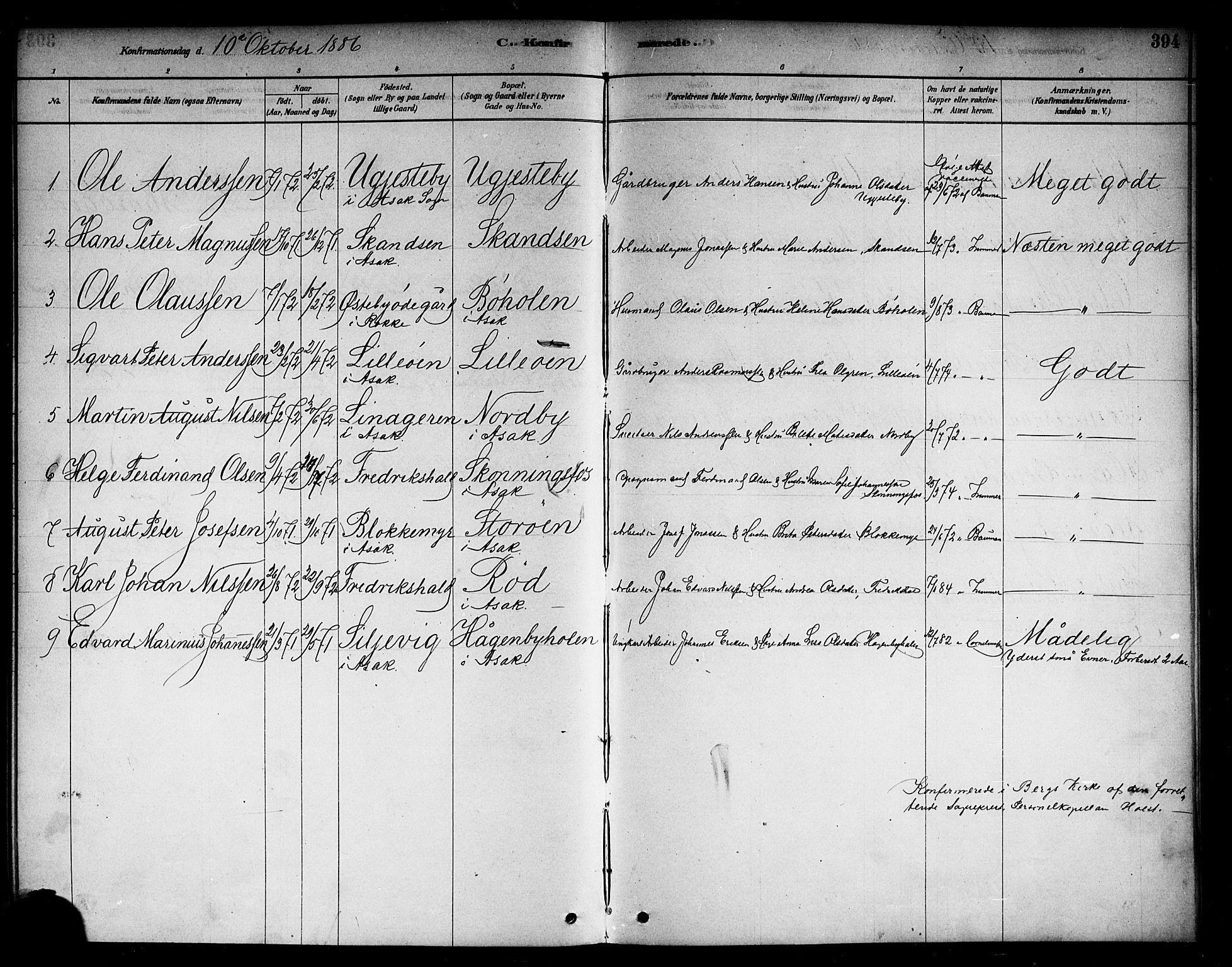 Berg prestekontor Kirkebøker, AV/SAO-A-10902/F/Fb/L0001: Parish register (official) no. II 1, 1878-1887, p. 394