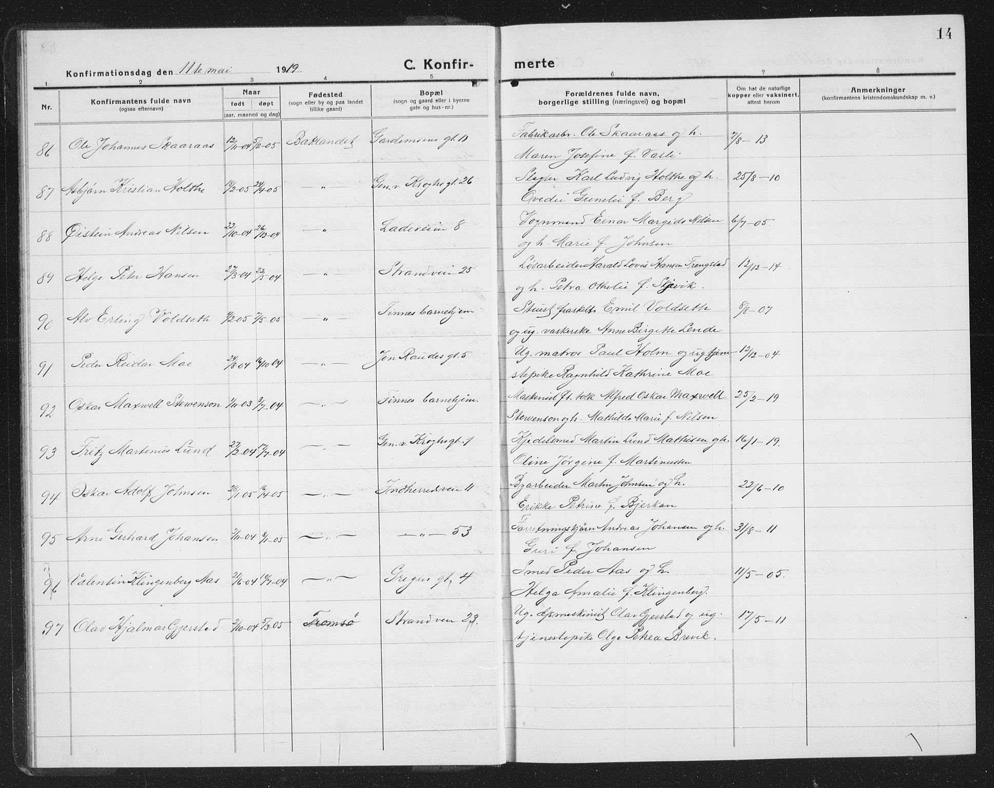Ministerialprotokoller, klokkerbøker og fødselsregistre - Sør-Trøndelag, SAT/A-1456/605/L0258: Parish register (copy) no. 605C05, 1918-1930, p. 14