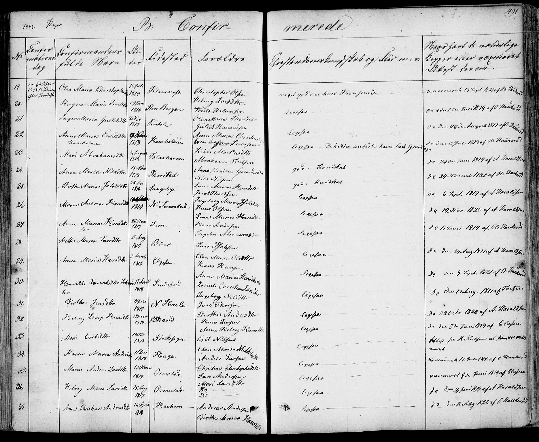 Sandar kirkebøker, SAKO/A-243/F/Fa/L0005: Parish register (official) no. 5, 1832-1847, p. 490-491