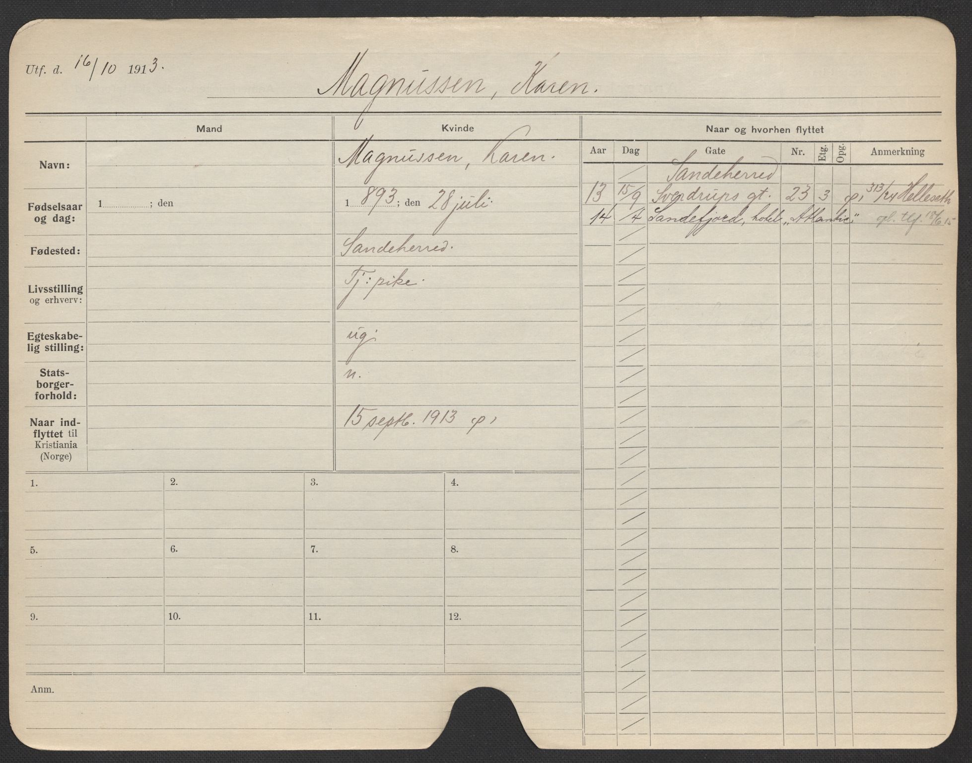 Oslo folkeregister, Registerkort, AV/SAO-A-11715/F/Fa/Fac/L0020: Kvinner, 1906-1914, p. 526a