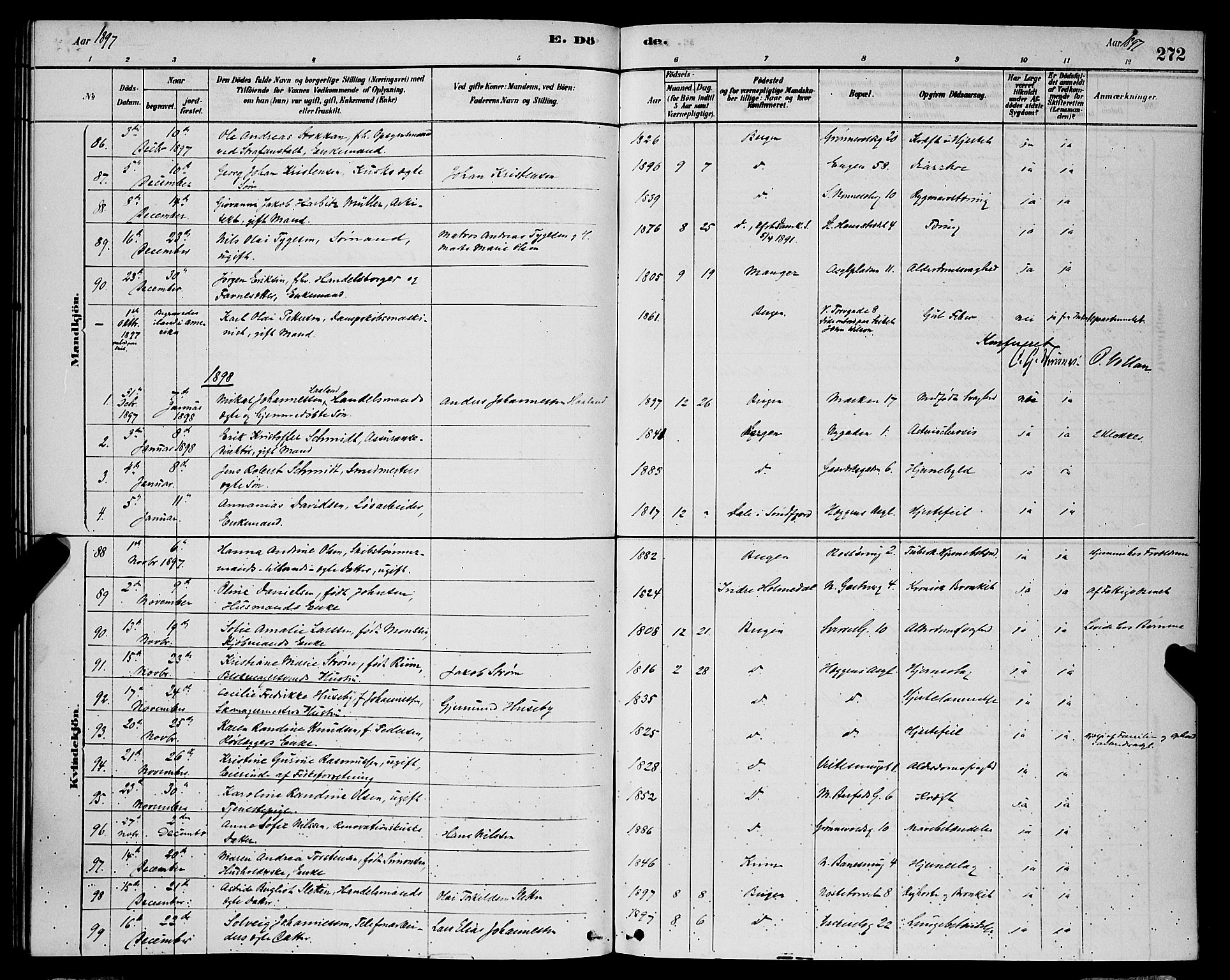 Domkirken sokneprestembete, SAB/A-74801/H/Hab/L0041: Parish register (copy) no. E 5, 1878-1900, p. 272