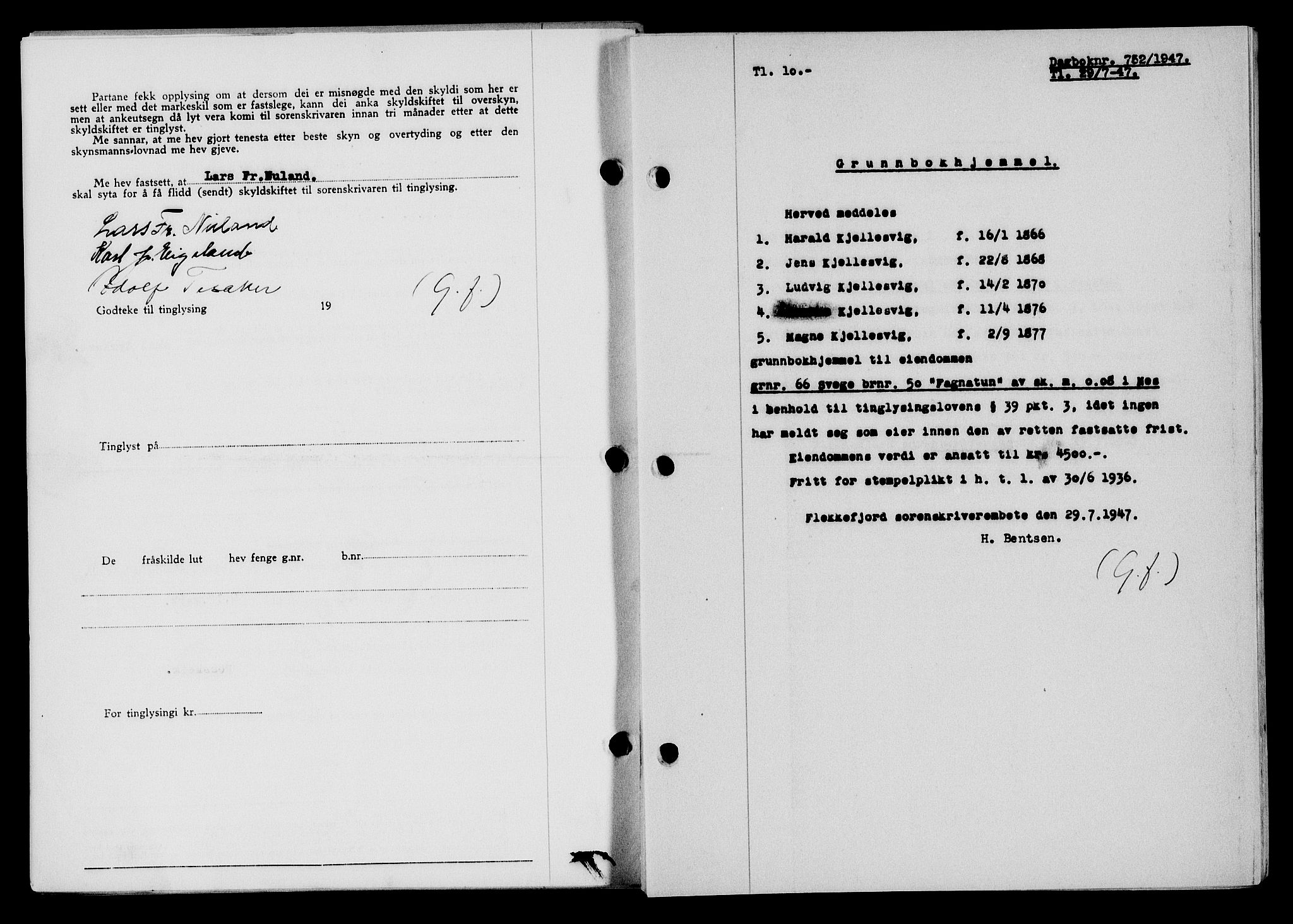 Flekkefjord sorenskriveri, SAK/1221-0001/G/Gb/Gba/L0062: Mortgage book no. A-10, 1947-1947, Diary no: : 752/1947
