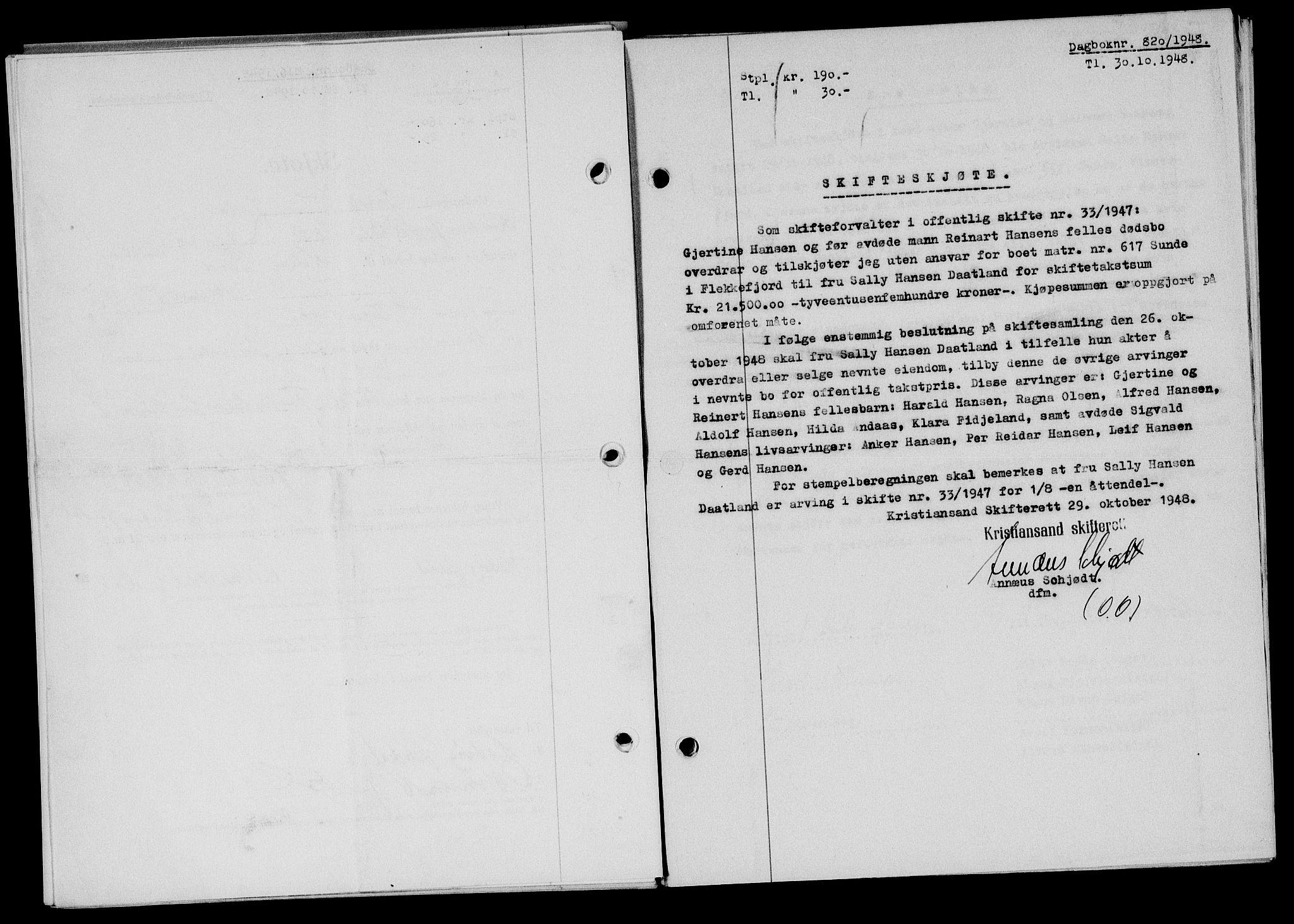 Flekkefjord sorenskriveri, SAK/1221-0001/G/Gb/Gba/L0064: Mortgage book no. A-12, 1948-1949, Diary no: : 820/1948