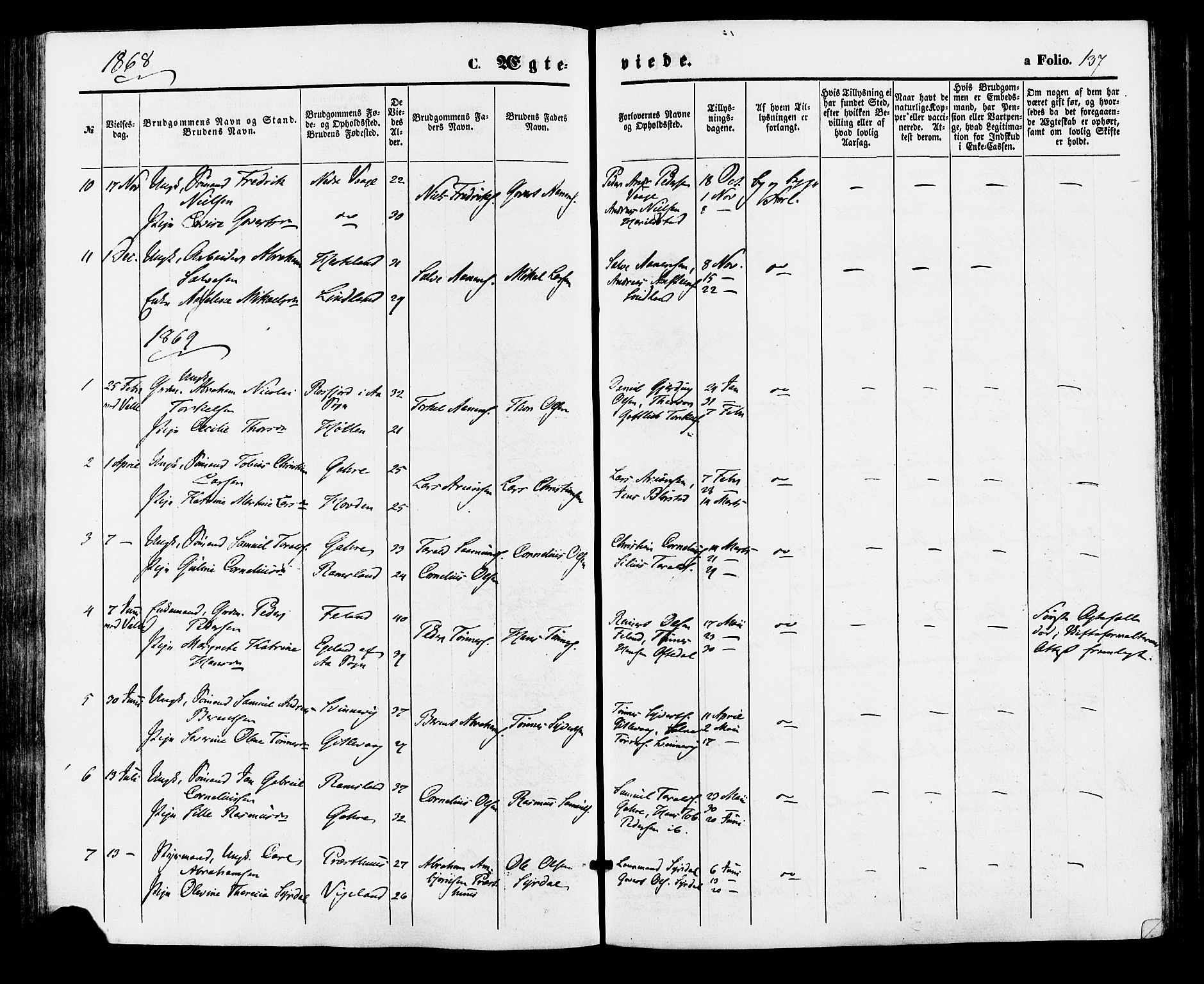 Sør-Audnedal sokneprestkontor, AV/SAK-1111-0039/F/Fa/Faa/L0003: Parish register (official) no. A 3, 1868-1883, p. 137