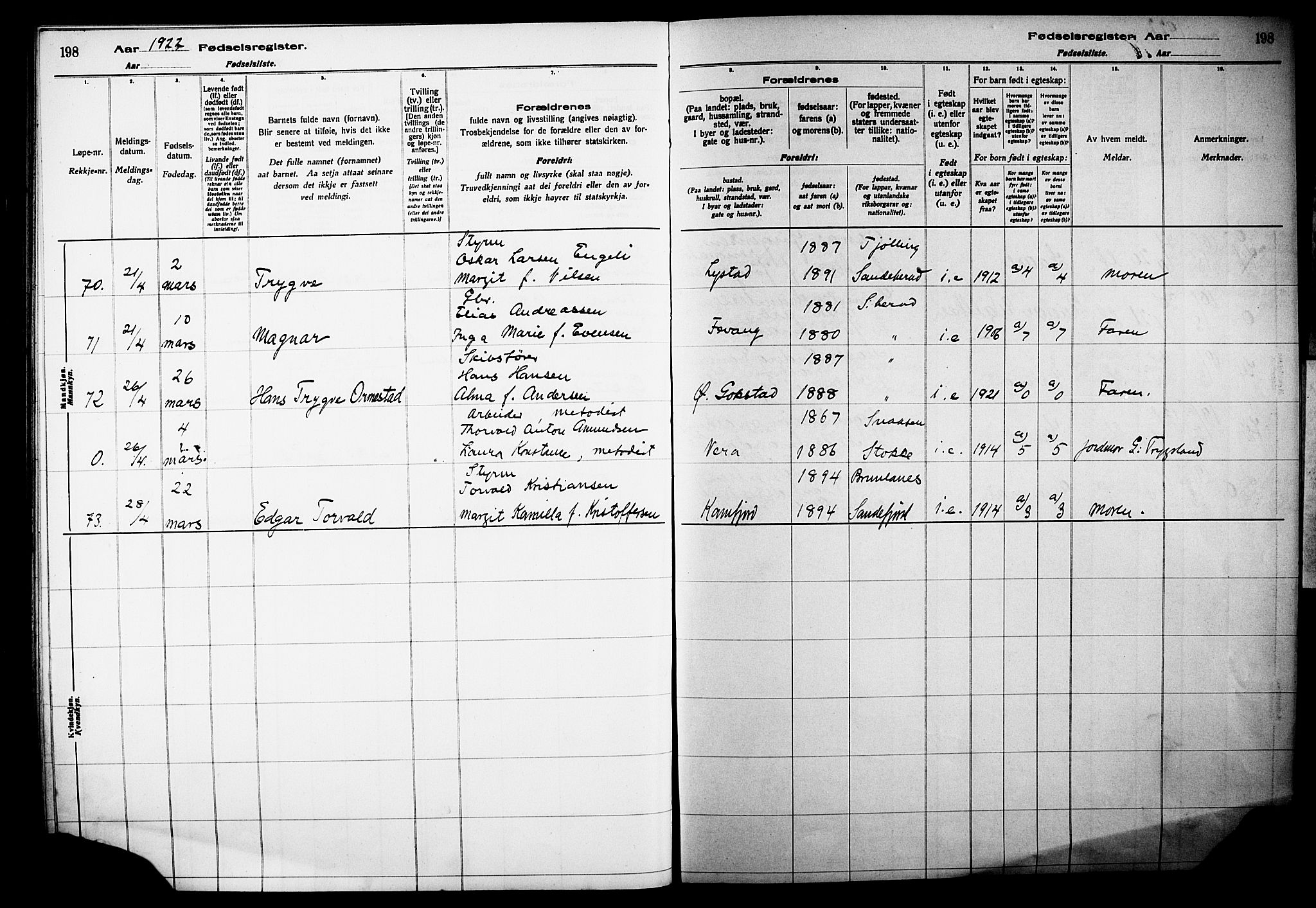 Sandar kirkebøker, AV/SAKO-A-243/J/Ja/L0001: Birth register no. 1, 1916-1922, p. 198