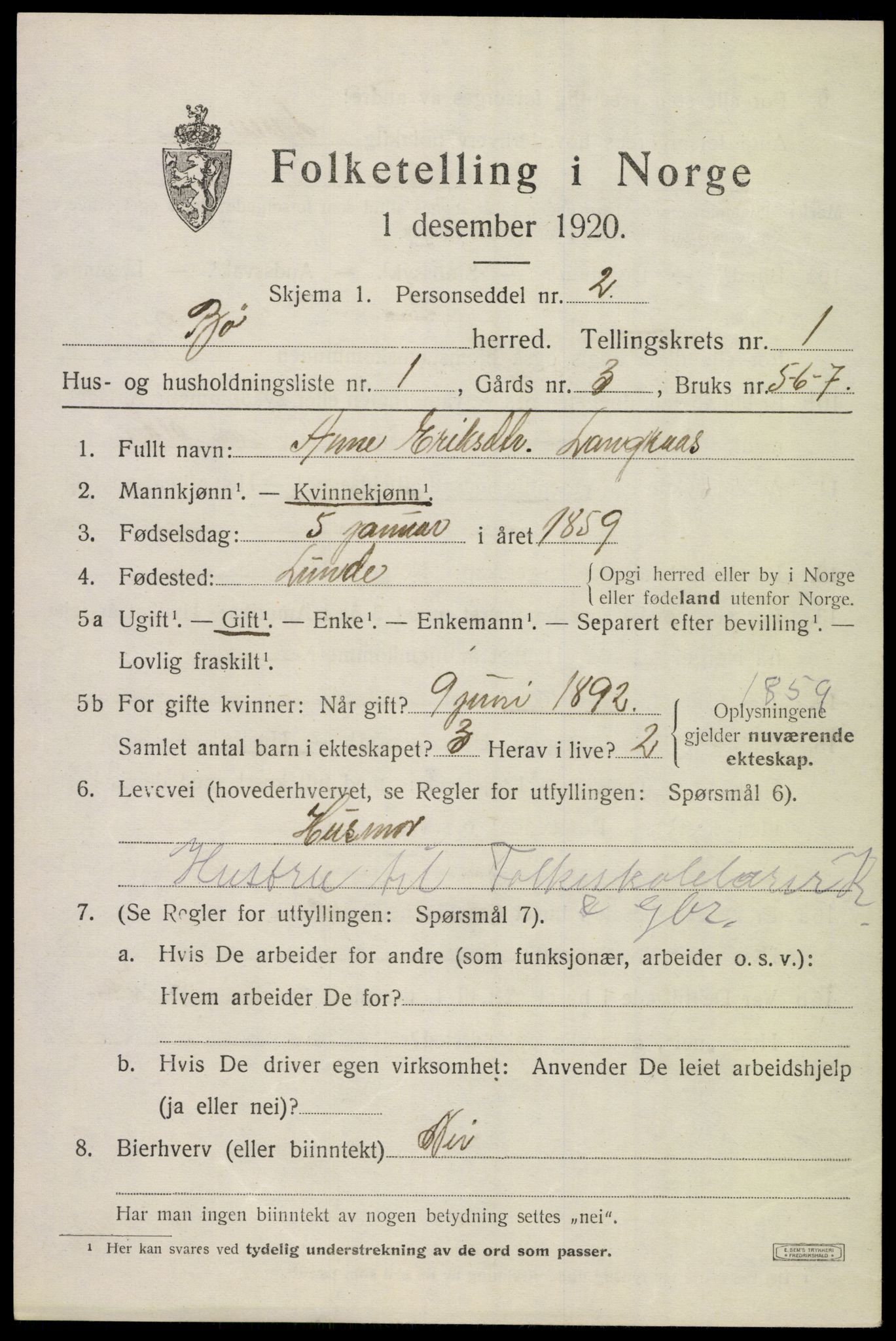 SAKO, 1920 census for Bø (Telemark), 1920, p. 1246