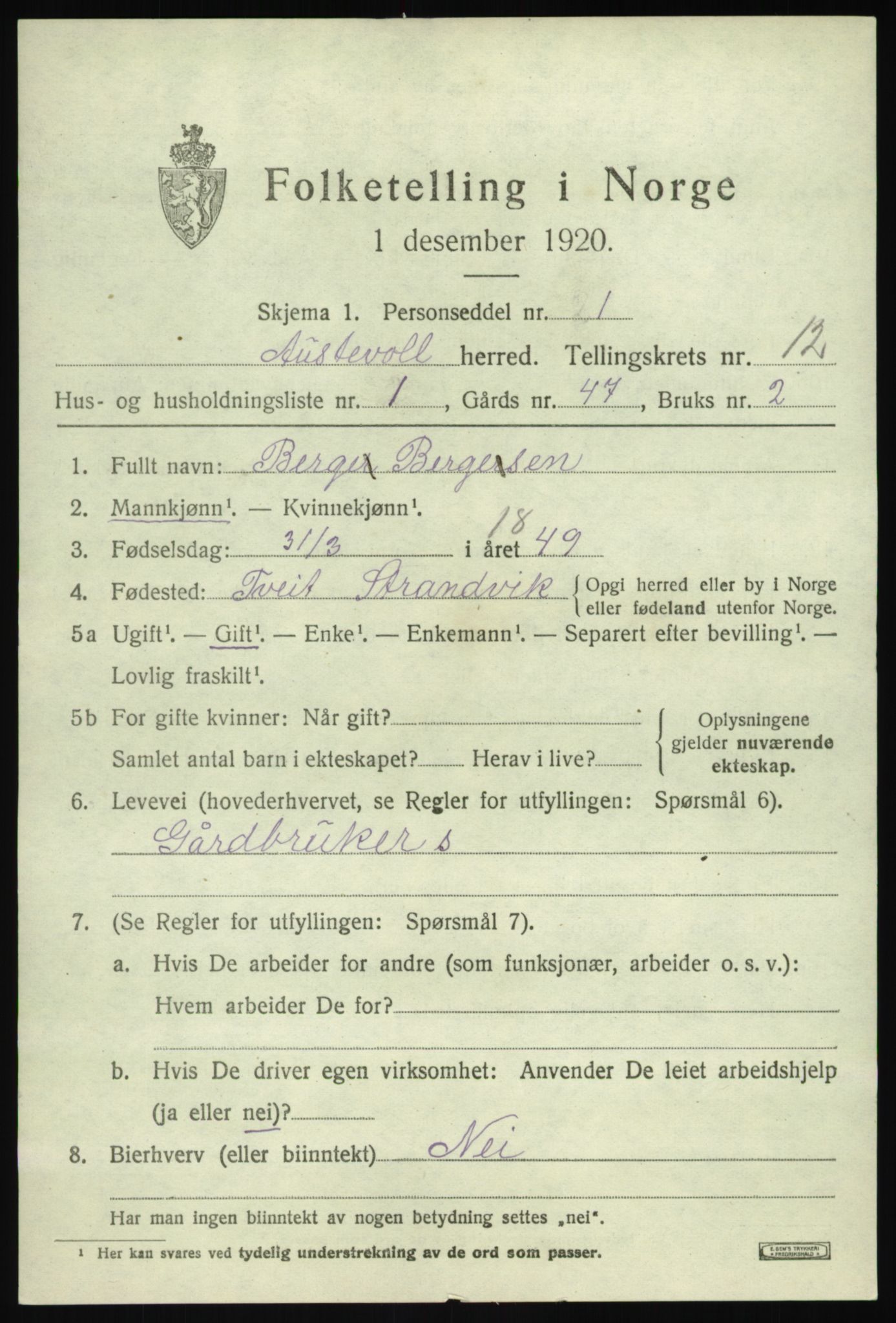 SAB, 1920 census for Austevoll, 1920, p. 6536