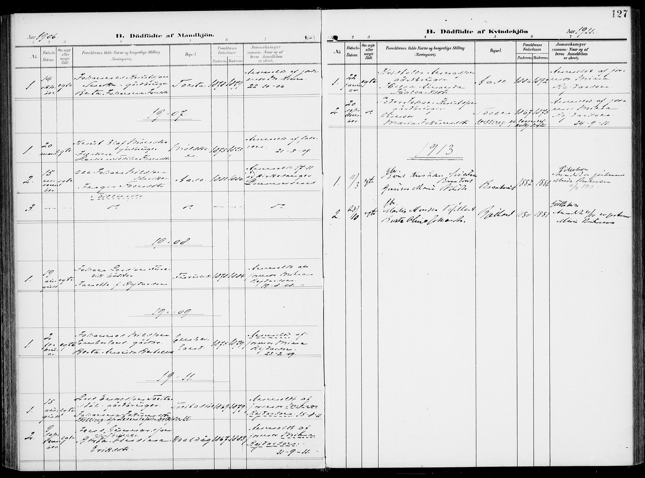 Sveio Sokneprestembete, AV/SAB-A-78501/H/Haa: Parish register (official) no. B  4, 1906-1919, p. 127