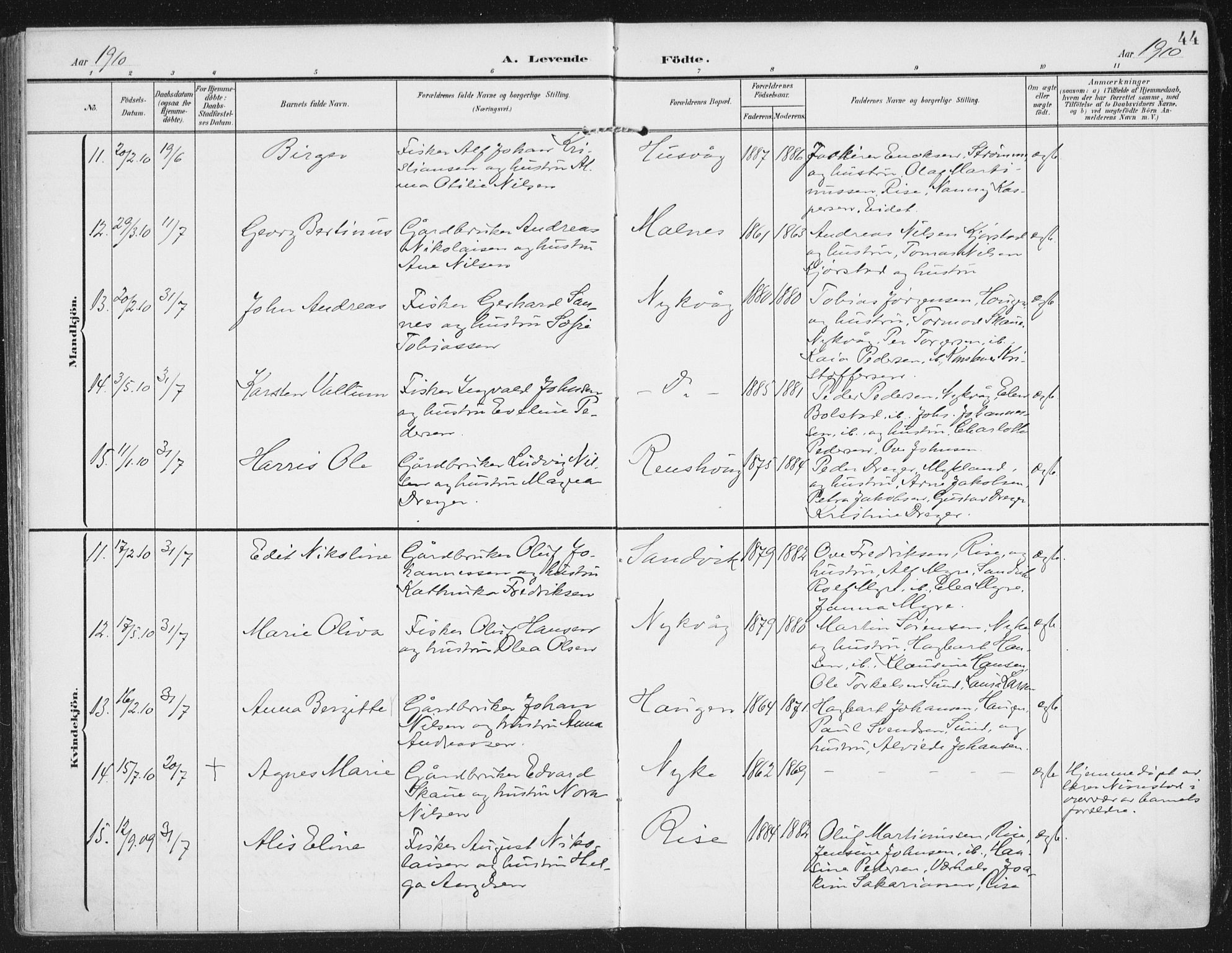 Ministerialprotokoller, klokkerbøker og fødselsregistre - Nordland, AV/SAT-A-1459/892/L1321: Parish register (official) no. 892A02, 1902-1918, p. 44