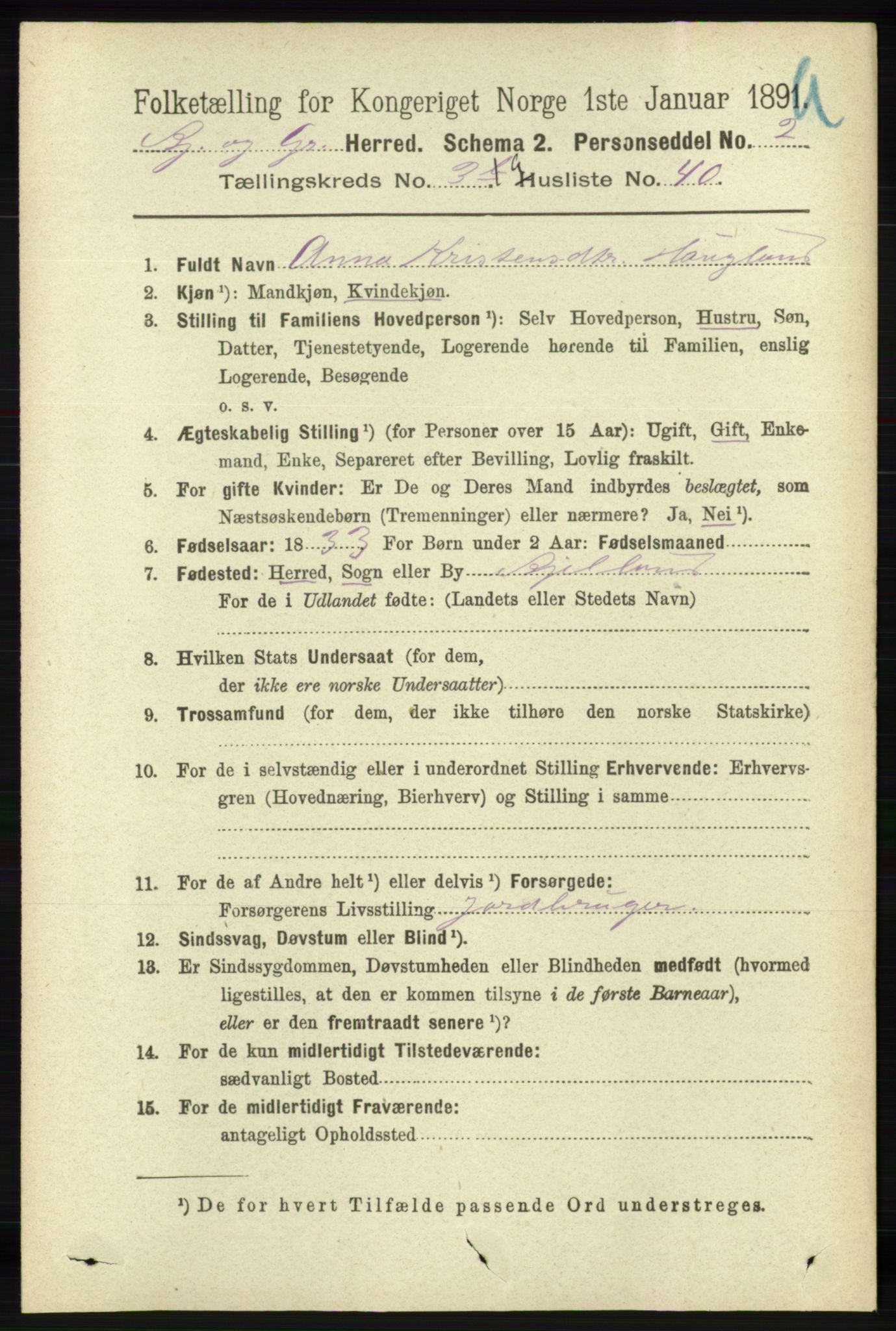 RA, 1891 census for 1024 Bjelland og Grindheim, 1891, p. 1682