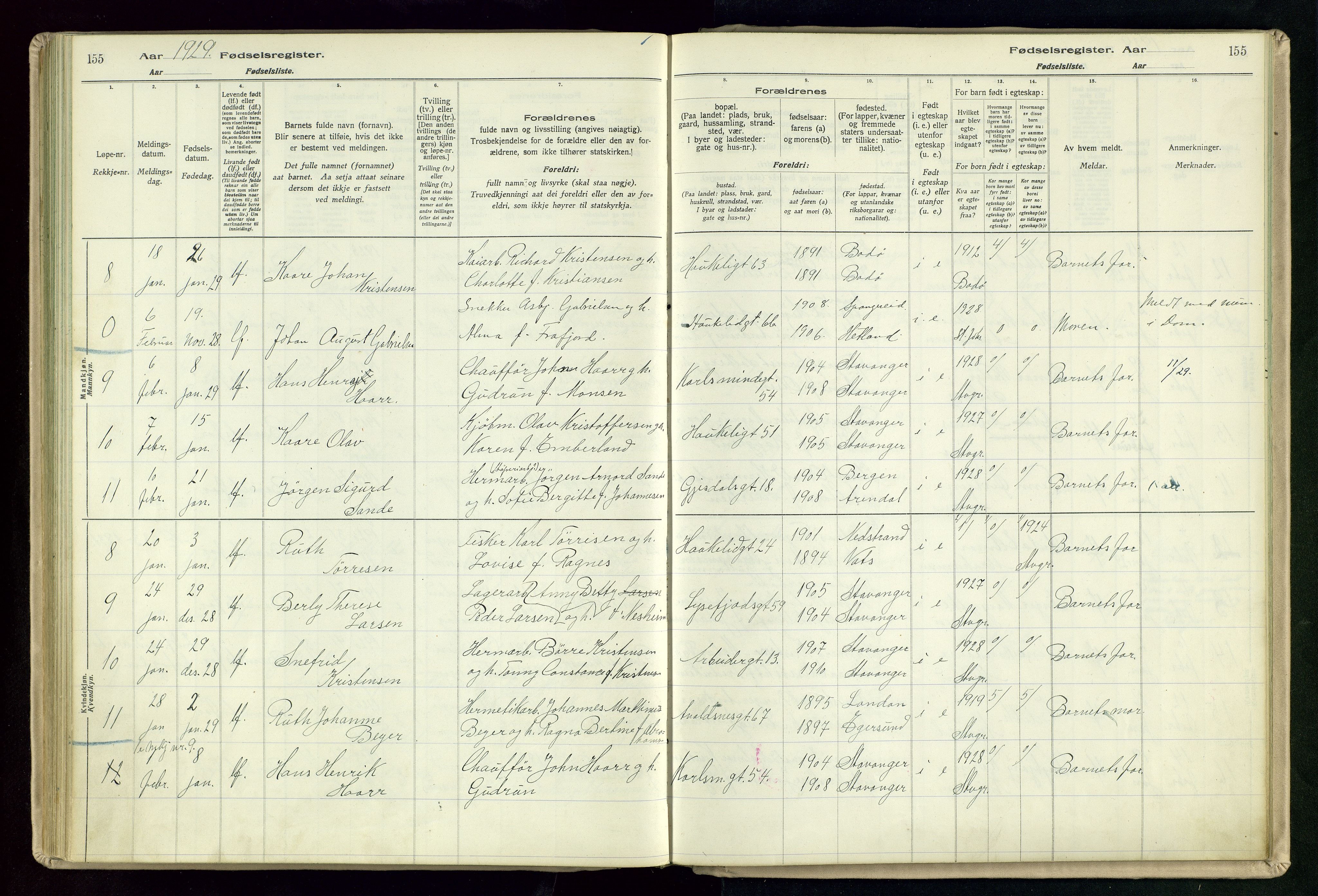 St. Johannes sokneprestkontor, SAST/A-101814/002/A/L0003: Birth register no. 3, 1924-1930, p. 155