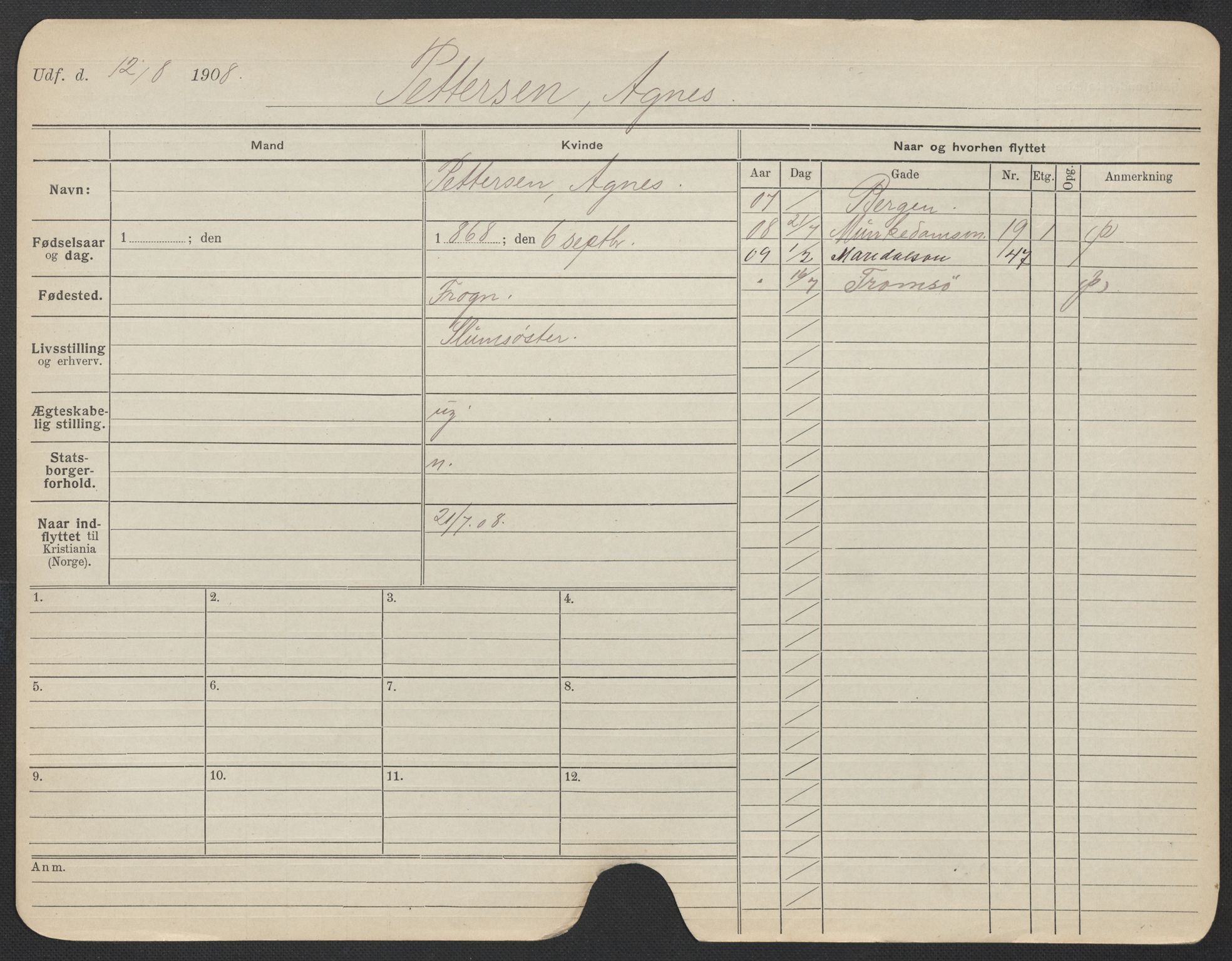 Oslo folkeregister, Registerkort, AV/SAO-A-11715/F/Fa/Fac/L0022: Kvinner, 1906-1914, p. 900a