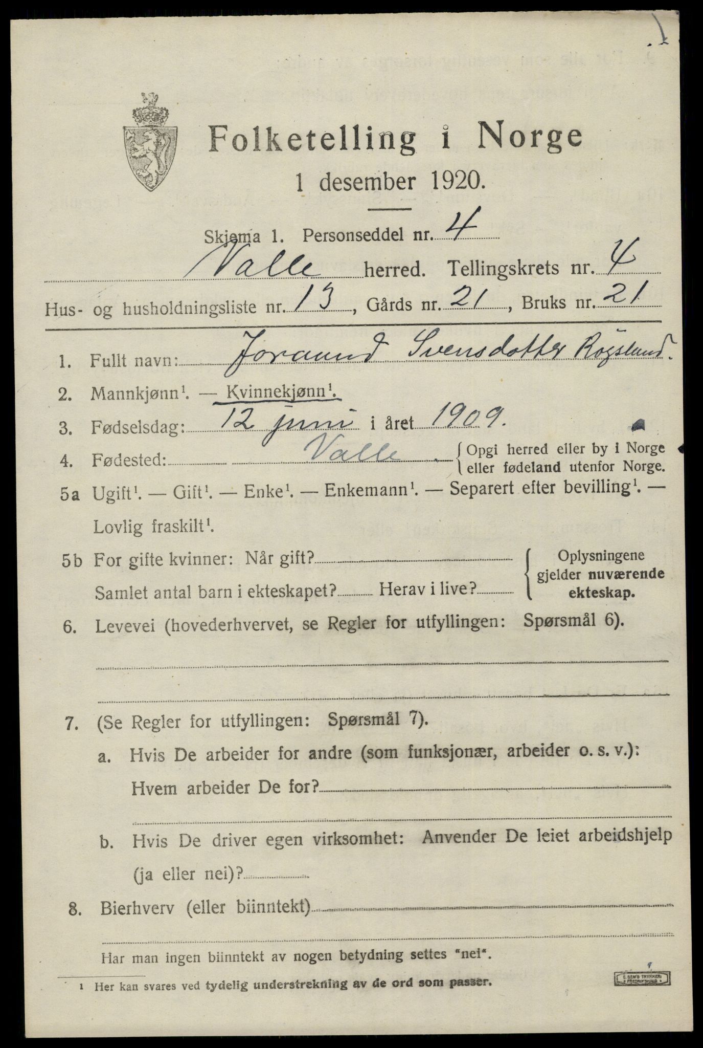 SAK, 1920 census for Valle, 1920, p. 2131