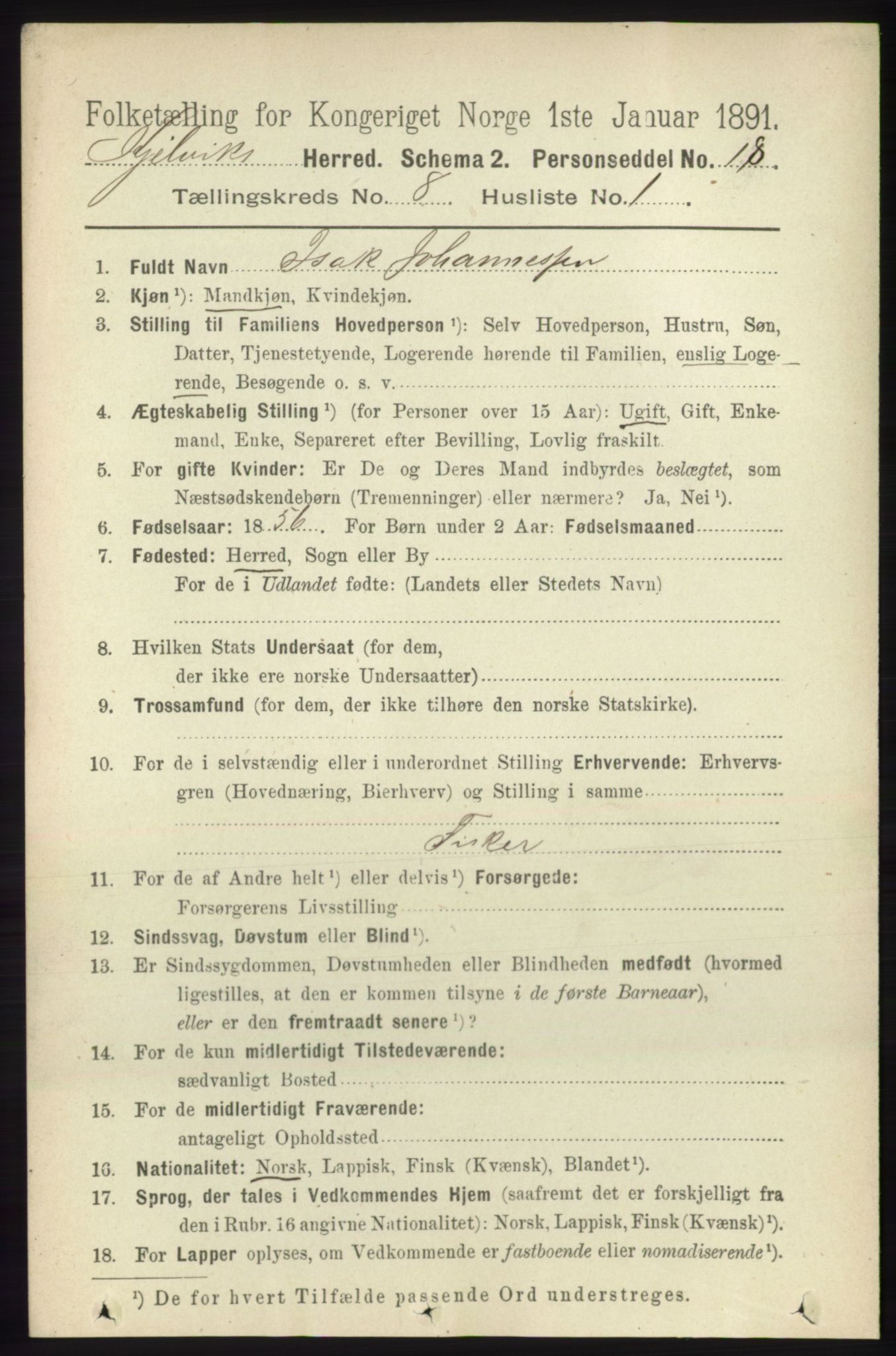 RA, 1891 census for 2019 Kjelvik, 1891, p. 1192