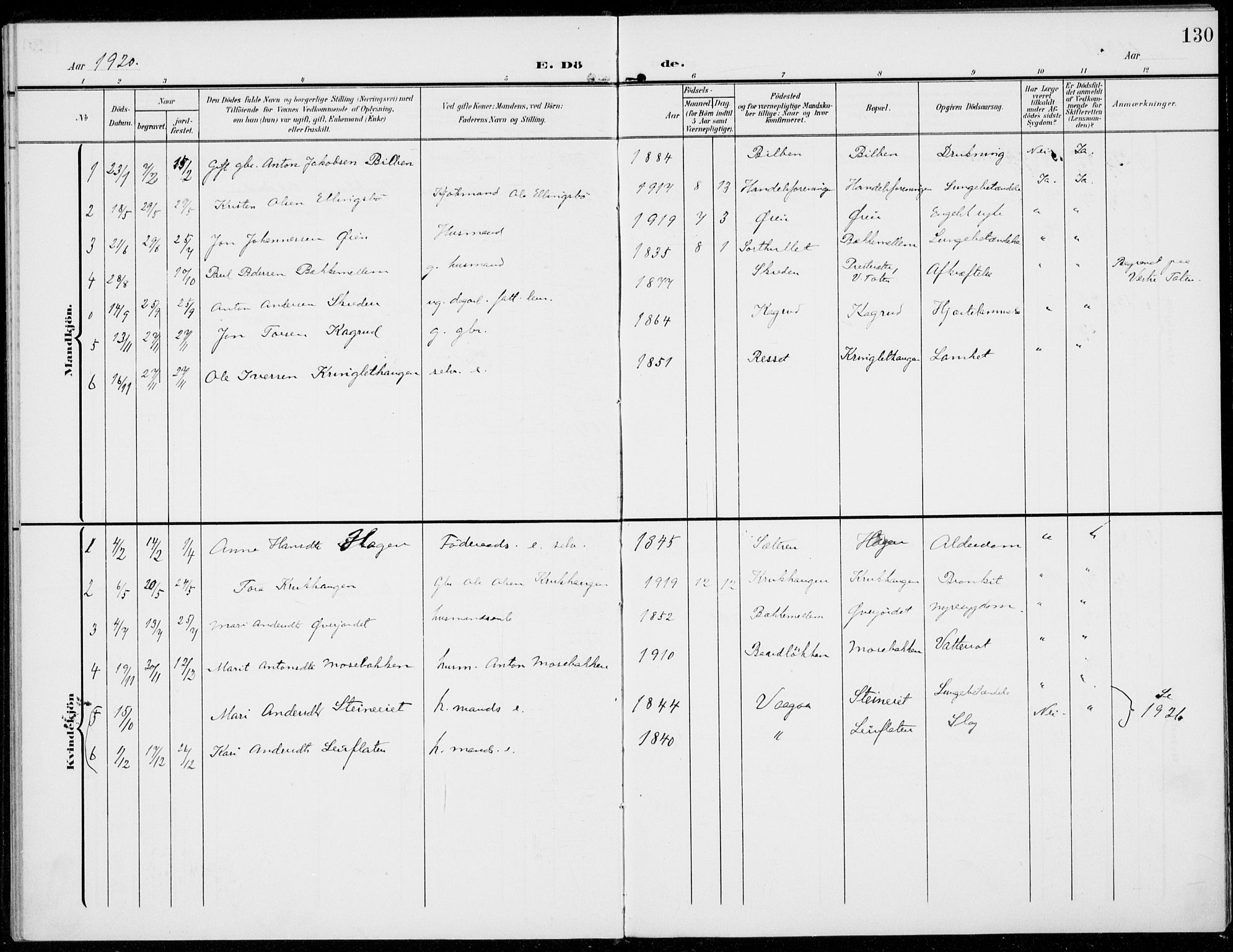 Sel prestekontor, SAH/PREST-074/H/Ha/Haa/L0001: Parish register (official) no. 1, 1905-1922, p. 130