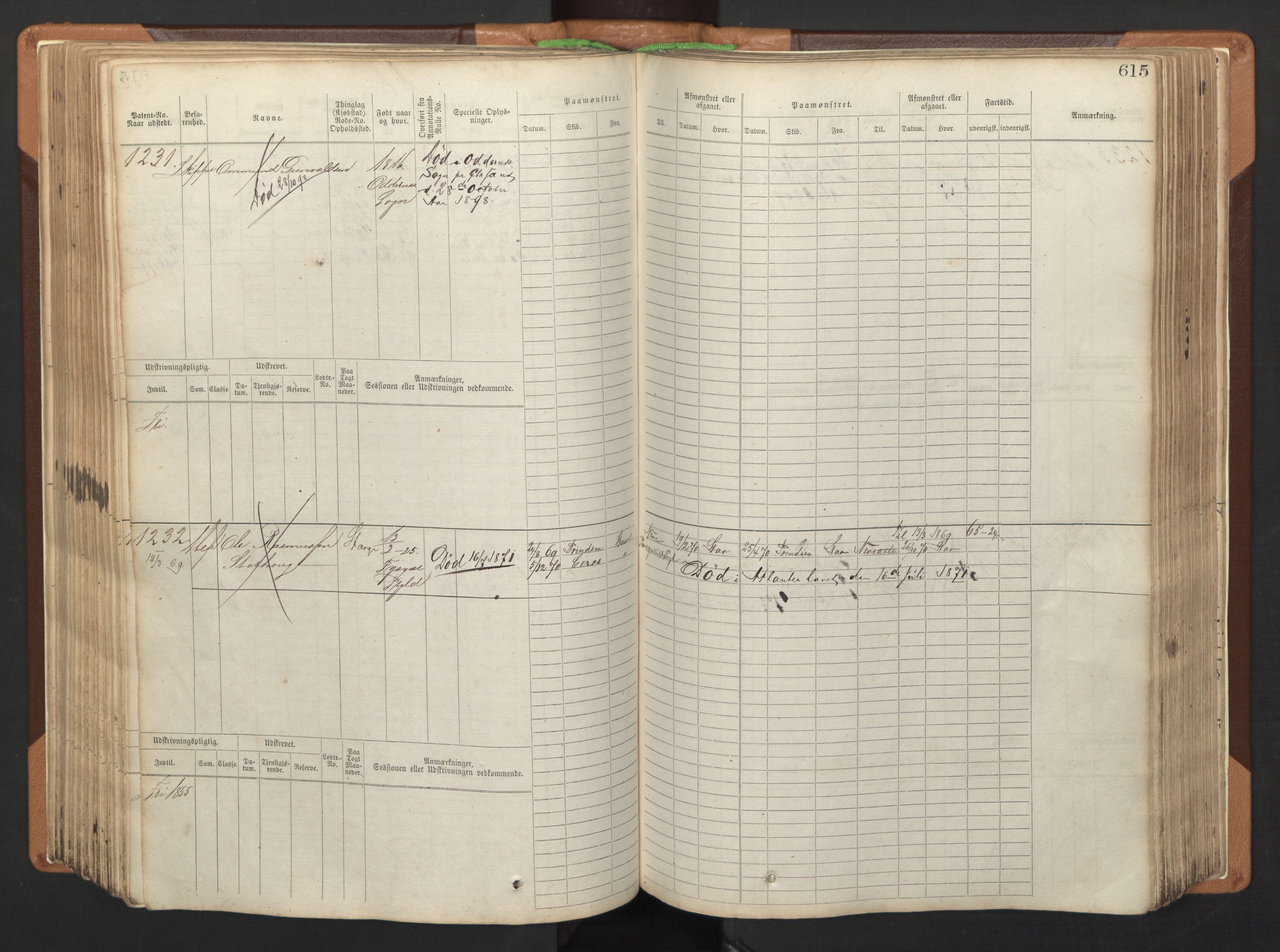 Stavanger sjømannskontor, AV/SAST-A-102006/F/Fb/Fbb/L0005: Sjøfartshovedrulle, patentnr. 793-1606 (del 2), 1869-1880, p. 225