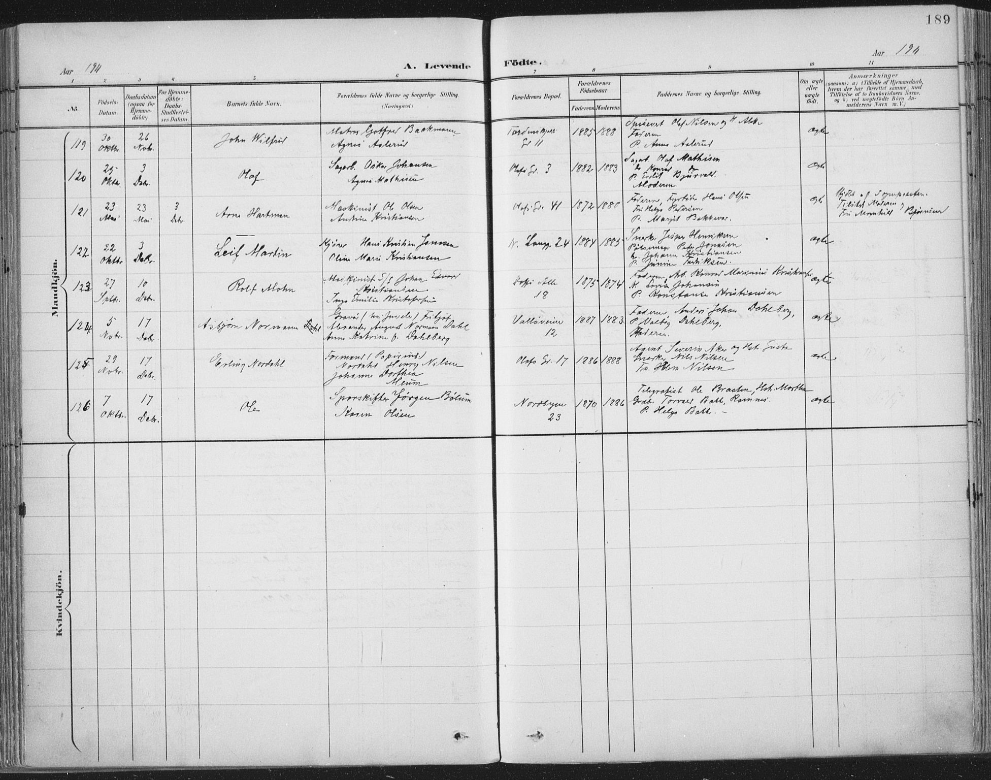 Tønsberg kirkebøker, AV/SAKO-A-330/F/Fa/L0014: Parish register (official) no. I 14, 1900-1913, p. 189